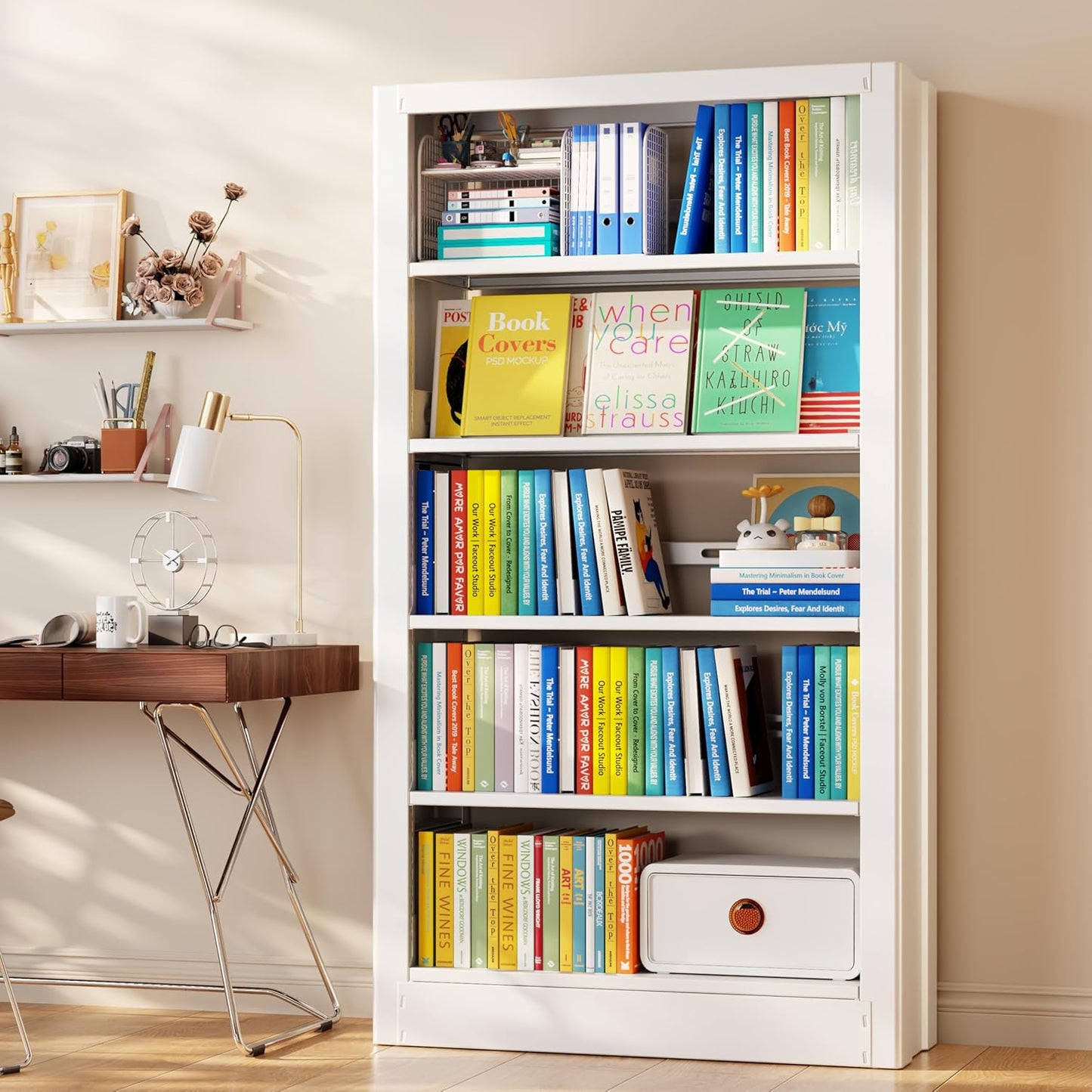 Bookshelf, 71" H Tall White Bookcase, 5-Tier Bookcase Metal Sturdy Bookshelf with Adjustable Shelves,Heavy Duty Book Cases for Living Room, Library, School, Study, Home Office