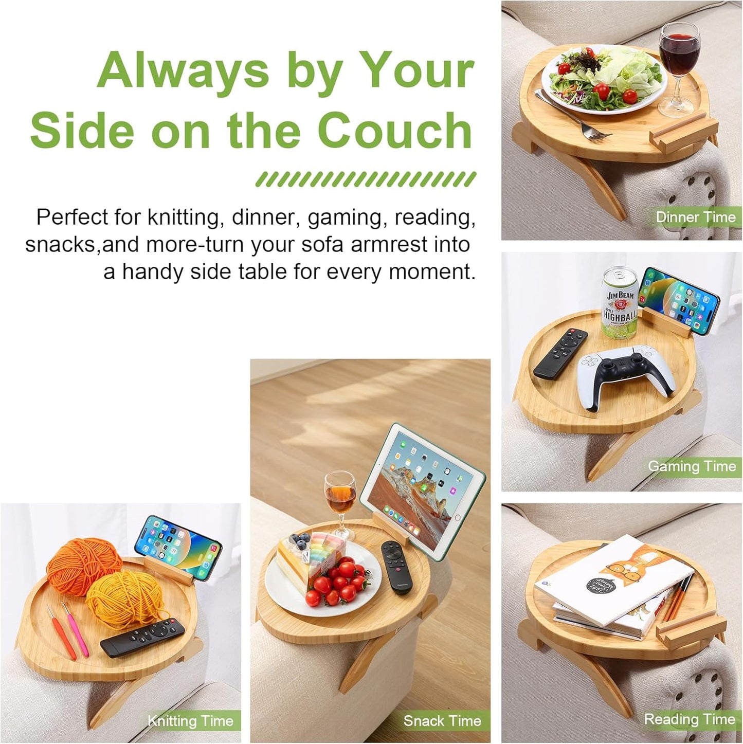 Couch Arm Tray Table, Bamboo Clip-on Couch Arm Tray with 360° Phone Holder, Foldable Sofa Armrest Table for Eating, Drink, Snacks, Coffee, TV, Remotes