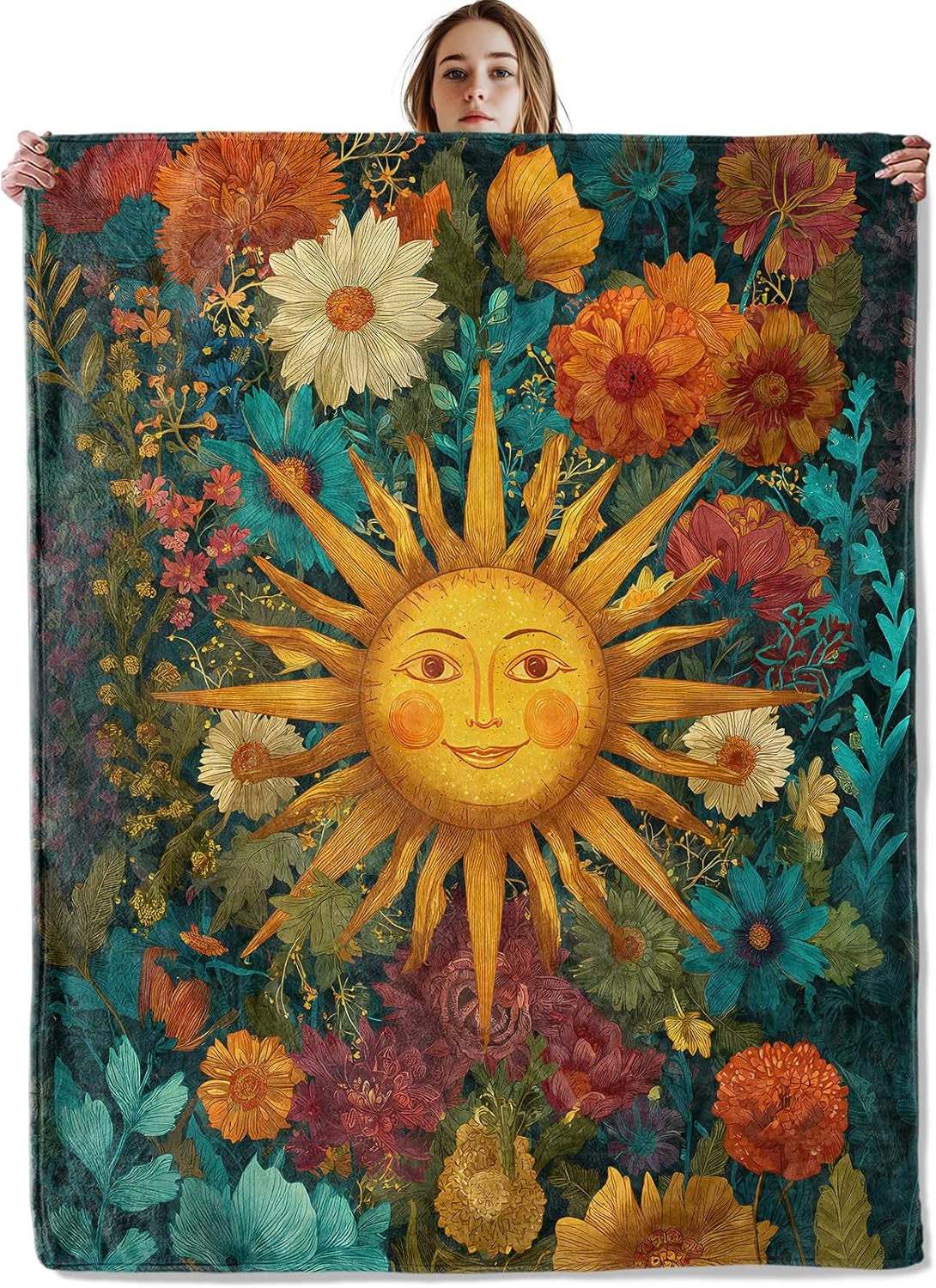 Vintage Sun Face Celestial Blanket, Soft Cozy Lightweight Wildflowers Throw Blanket for Women Girls Kids, Sofa Couch Bed 50x60 Inch Flannel Boho Blankets for Travel Decor Gifts