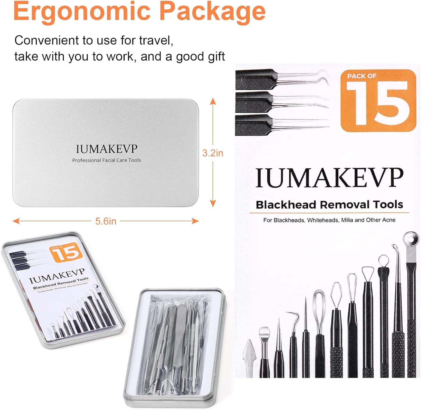 Pimple Popper Tool Kit, IUMAKEVP 15 PCS Professional Stainless Steel Blackhead Remover Comedone Extractor Tools for Removing Zit on Face - Acne Removal Kit with Metal Case (Silver)