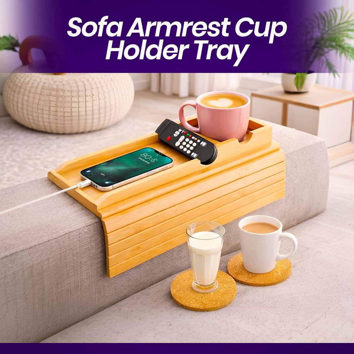 Bamboo Couch Armrest Table, Couch Arm Tray with Removable Couch Cup Holder, 2 in 1 Anti-Slip Foldable Sofa Armchair Caddy Table for Drinks Cellphone TV Remote Snacks, Anti-Slip