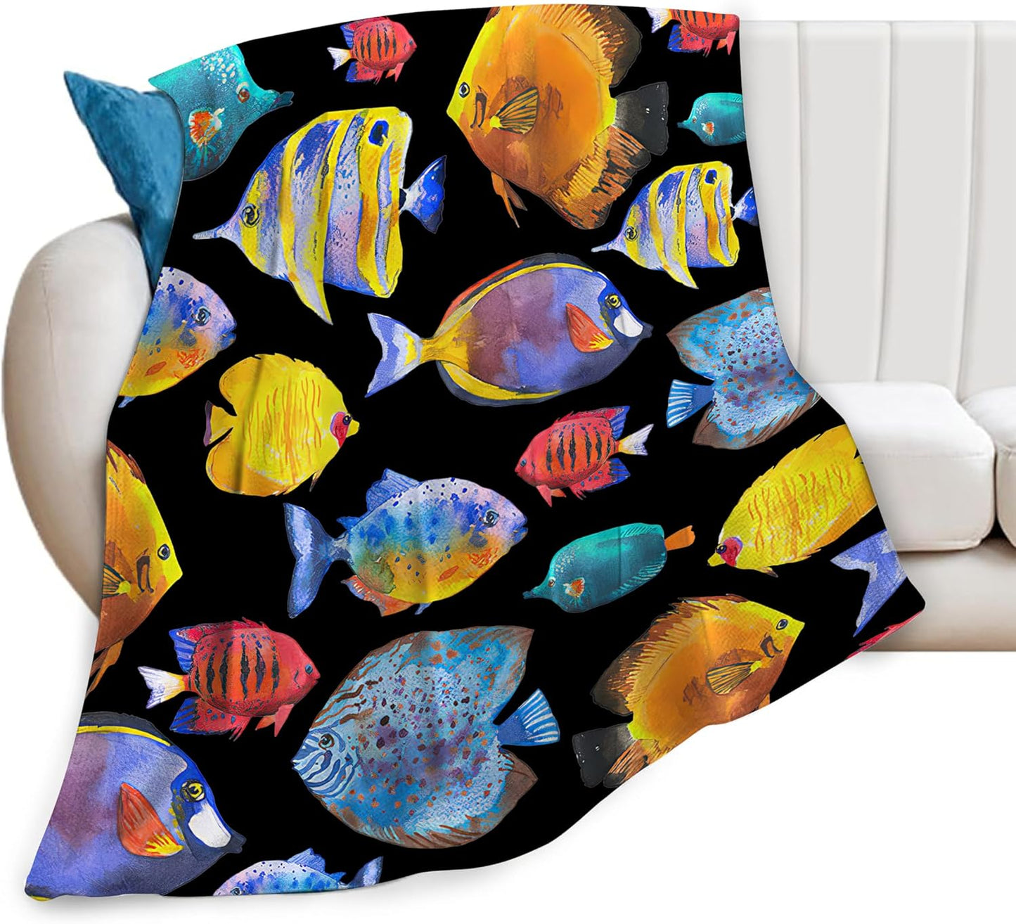 Tropical Fish Blanket Super Soft Warm Fluffy Flannel Colorful Fish Throw Blanket Cozy Fuzzy Plush Fishing Bedding Blanket Gift for Boys Girls Kids Teens Adults Couch Sofa 50"x40"