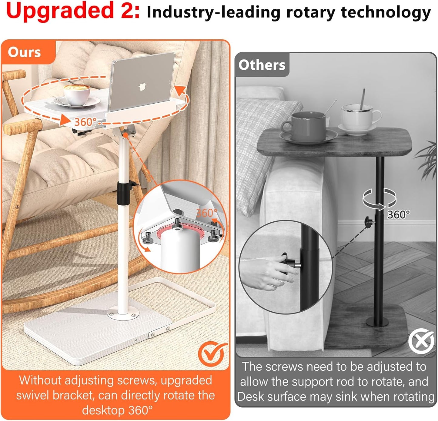 TV Tray Table for Couch, Height Adjustable/360° Swivel/180° Flip-Over Panel Design C-Shaped End Table, Sofa Arm End Side Table with Phone & Tablet Slot for Eating, Laptop,Couch Bed (White)