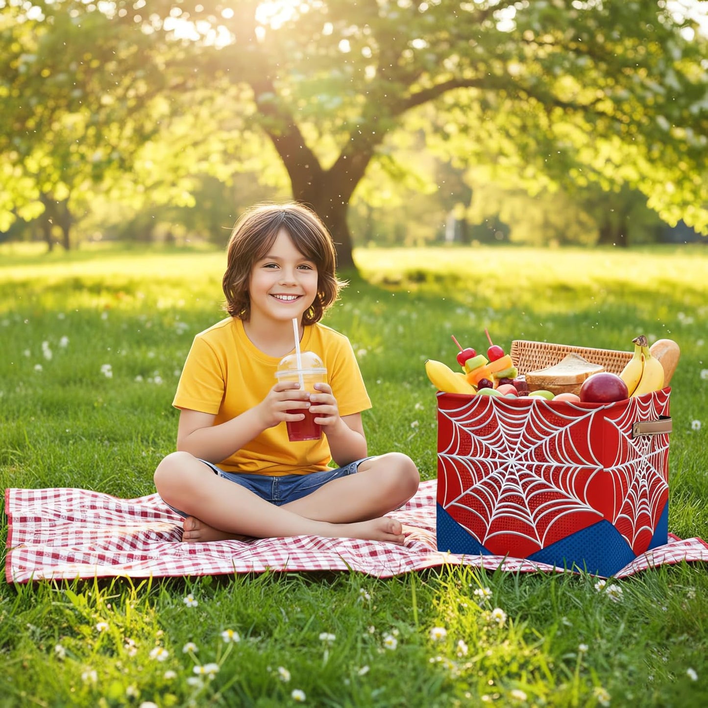 Red Spider Web Storage Cubes Bins, 13 Inch Collapsible Fabric Organizer Baskets Box with Leather Handles for Kids Toys Blanket Clothes, Home Nursery Bedroom Decor