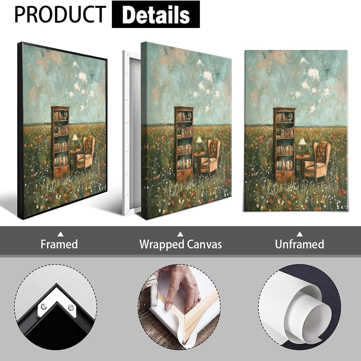Retro Bookshelf Books Canvas Posters Floral Field Reading Book Wall Art Rustic French Country Bookish Prints Painting For Living Room Bedroom Library Wall Decor 8x12in Unframed