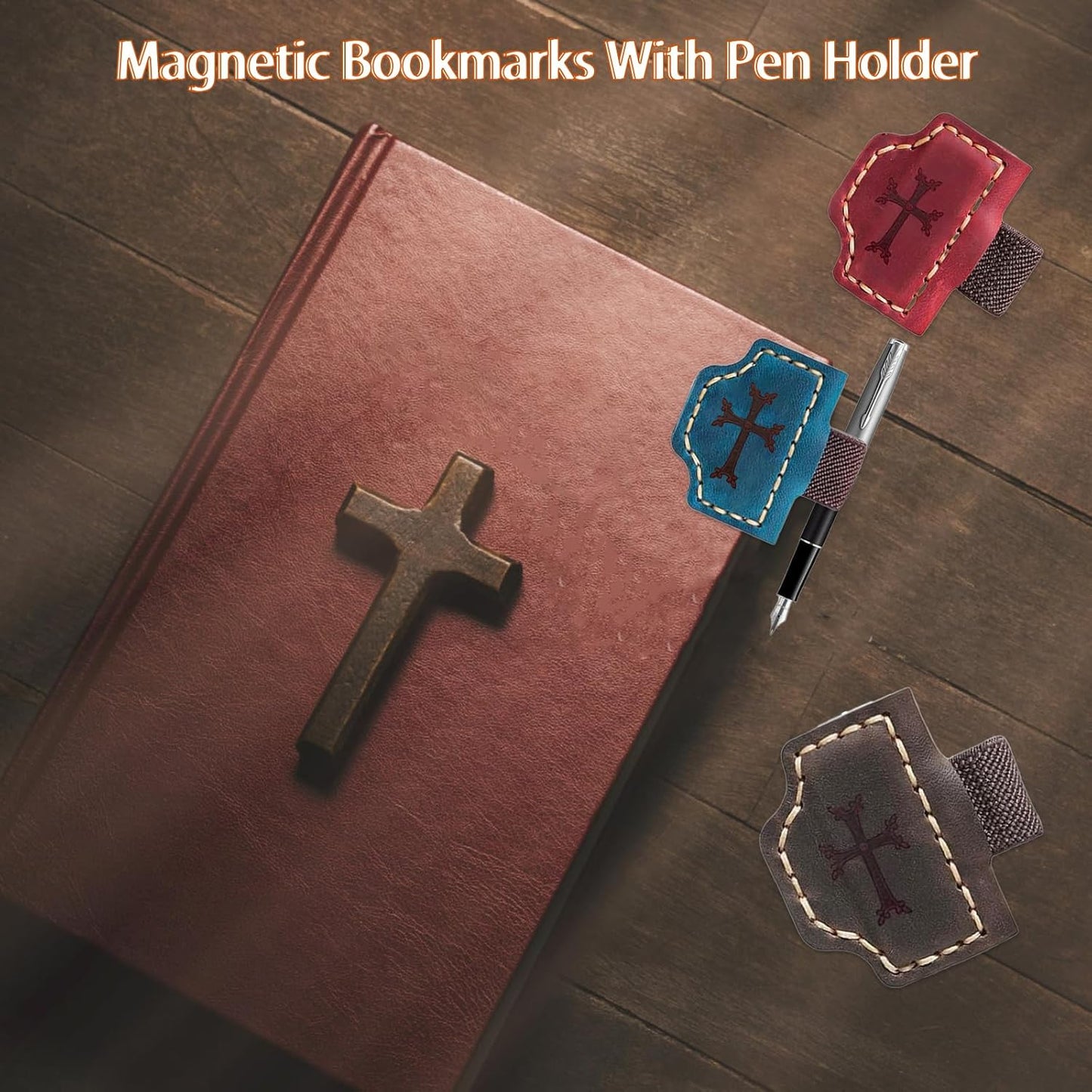 Personalized Leather Magnetic Bookmark Cross Element,Bygone Mark Bookmark with Pen Holder, Magnetic Bookmarks for Bible Study Friends Reader Book Lovers Men Women (Red Crosses, 1PC)
