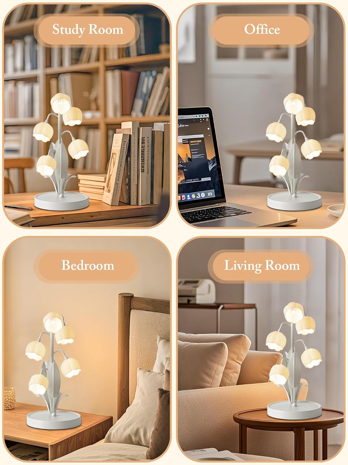 Flower Lamp for Home,Bedside Vintage Table Lamps,5 Lily of The Valley Reading Lights,3 Colors Modes Kawaii Bedside Lamp Decor,with G4 Bulb Nightstand Light for Living Room Office Bedroom (White)