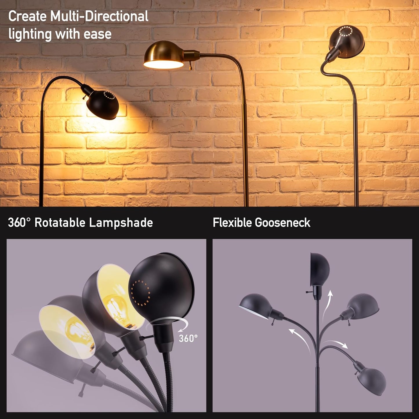 O'Bright Nova - Adjustable Floor Lamp with Flexible Gooseneck and Rotatable Shade, E26 Socket, 10-Inch Base - Ideal for Reading, Bedside, Living Room, Black