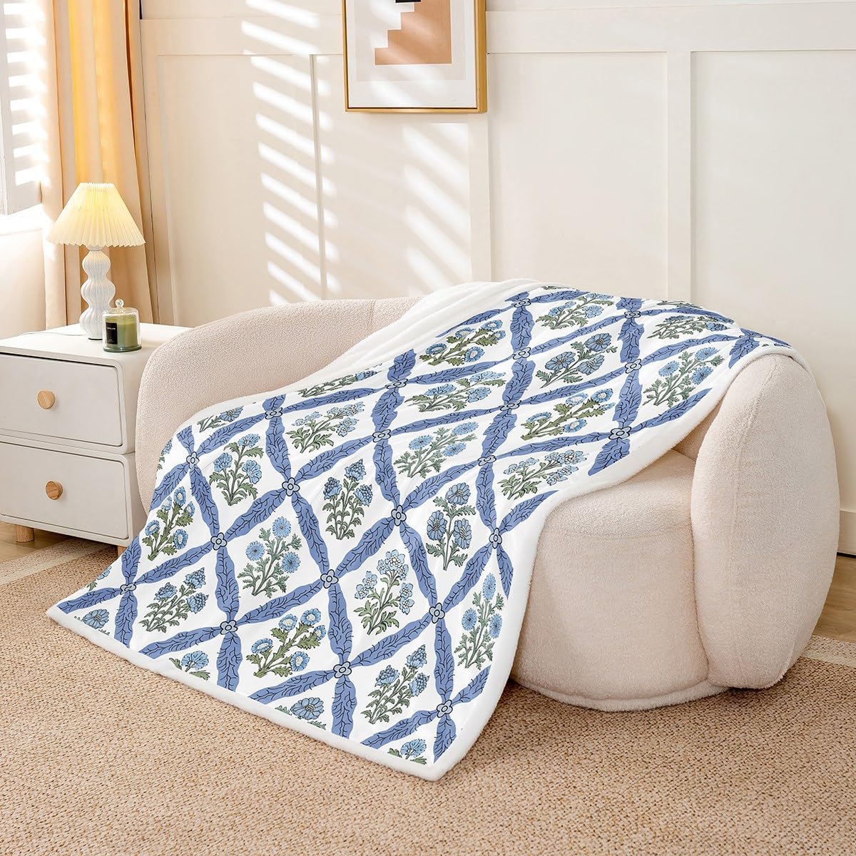 Erosebridal Blue Block Fleece Throw Blanket Baby 30"x40" Boho Plush Sherpa Blanket Cute Aesthetic Florals for Women Girls Abstract Botanical Farmhouse Vintage Garden Room Decor