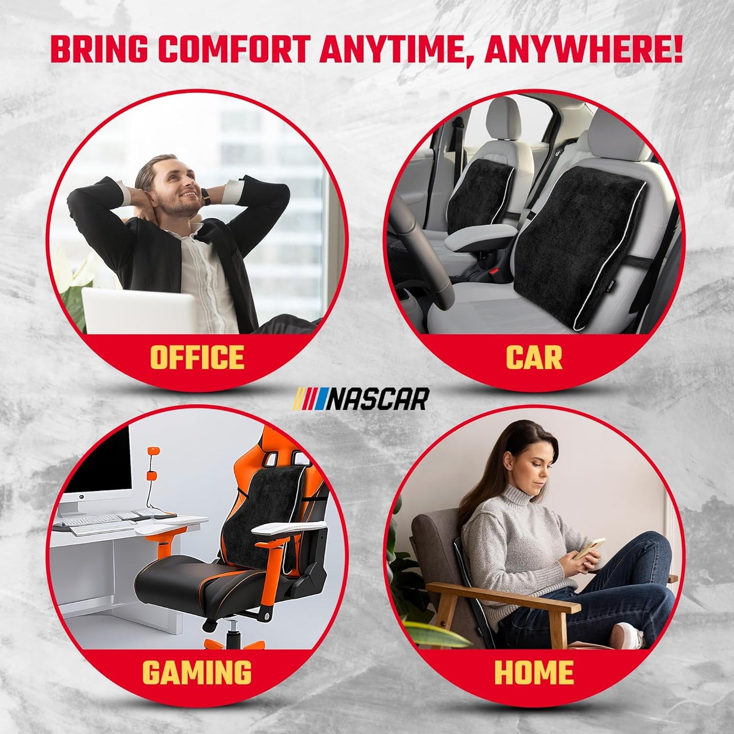 NASCAR Lumbar Support Pillow for Office Chair, Car, Gaming Chair, Home | Contoured Ergonomic Back Support | Premium Memory Foam | Breathable & Washable Jaquard Velvet Cover w/Adjustable Strap, Black