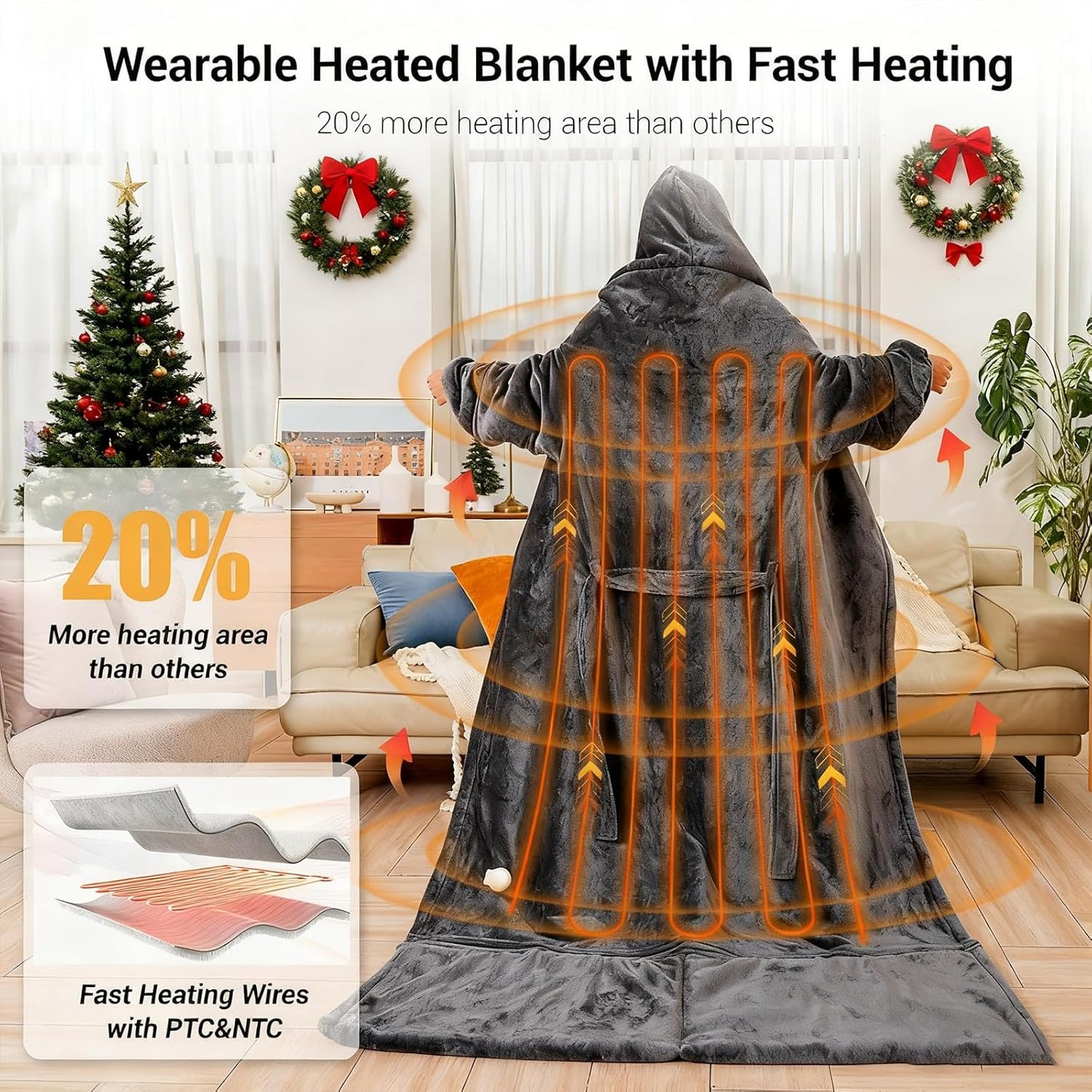 Wearable Heated Blanket for Women with Removable FootPocket,Electric Snuggle Heated Blankets Hoodie with Sleeves Heated Robe Flannel & Sherpa Heating Throw Blanket Shawl with 9 Temp for Winter 50"x80"