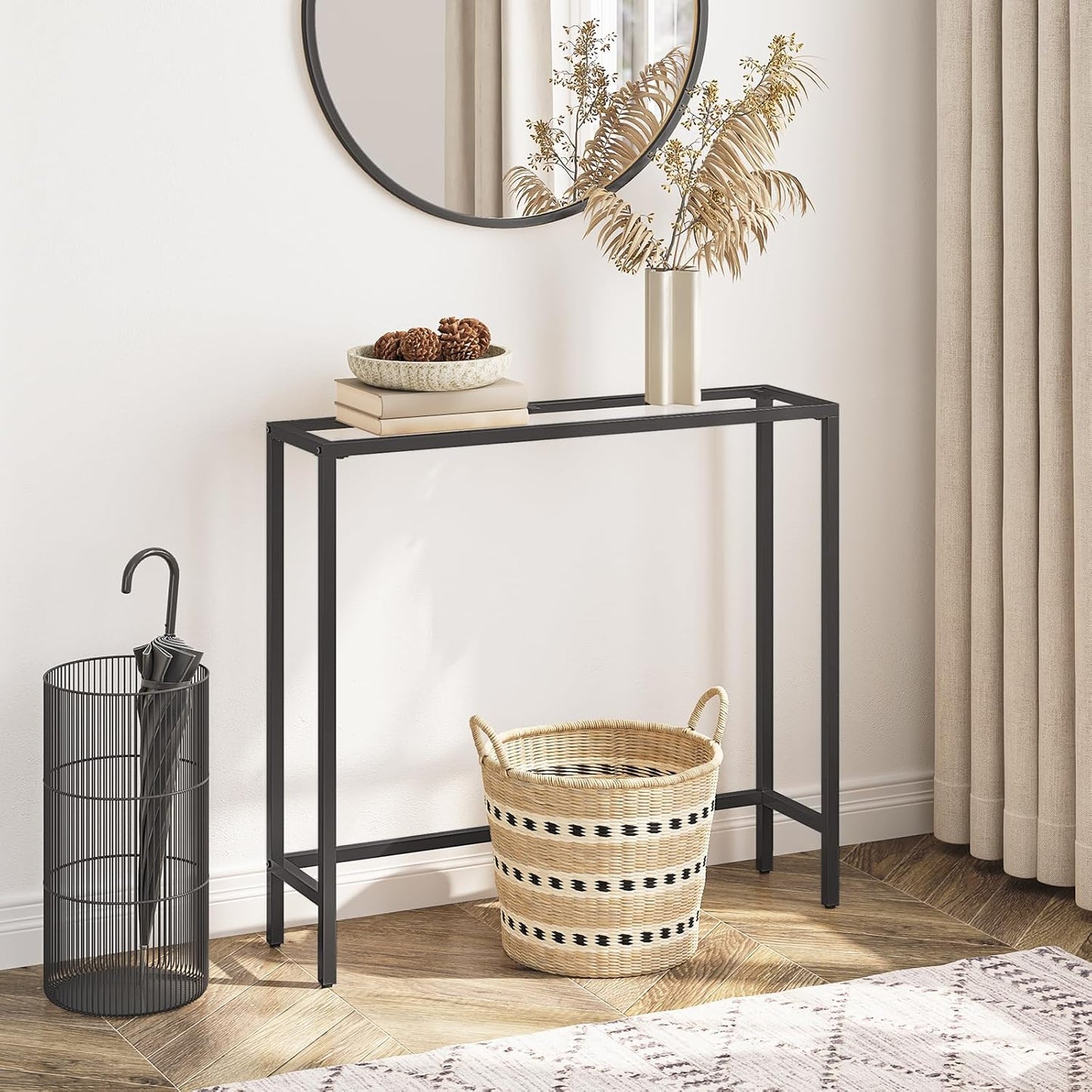 HOOBRO 29.5" Narrow Console Table, Tempered Glass Entryway Table, Modern Sofa Table Behind Couch, Small Side Table for Entrance, Living Room, Foyer, Hallway, Bedroom, Black BK07XG01