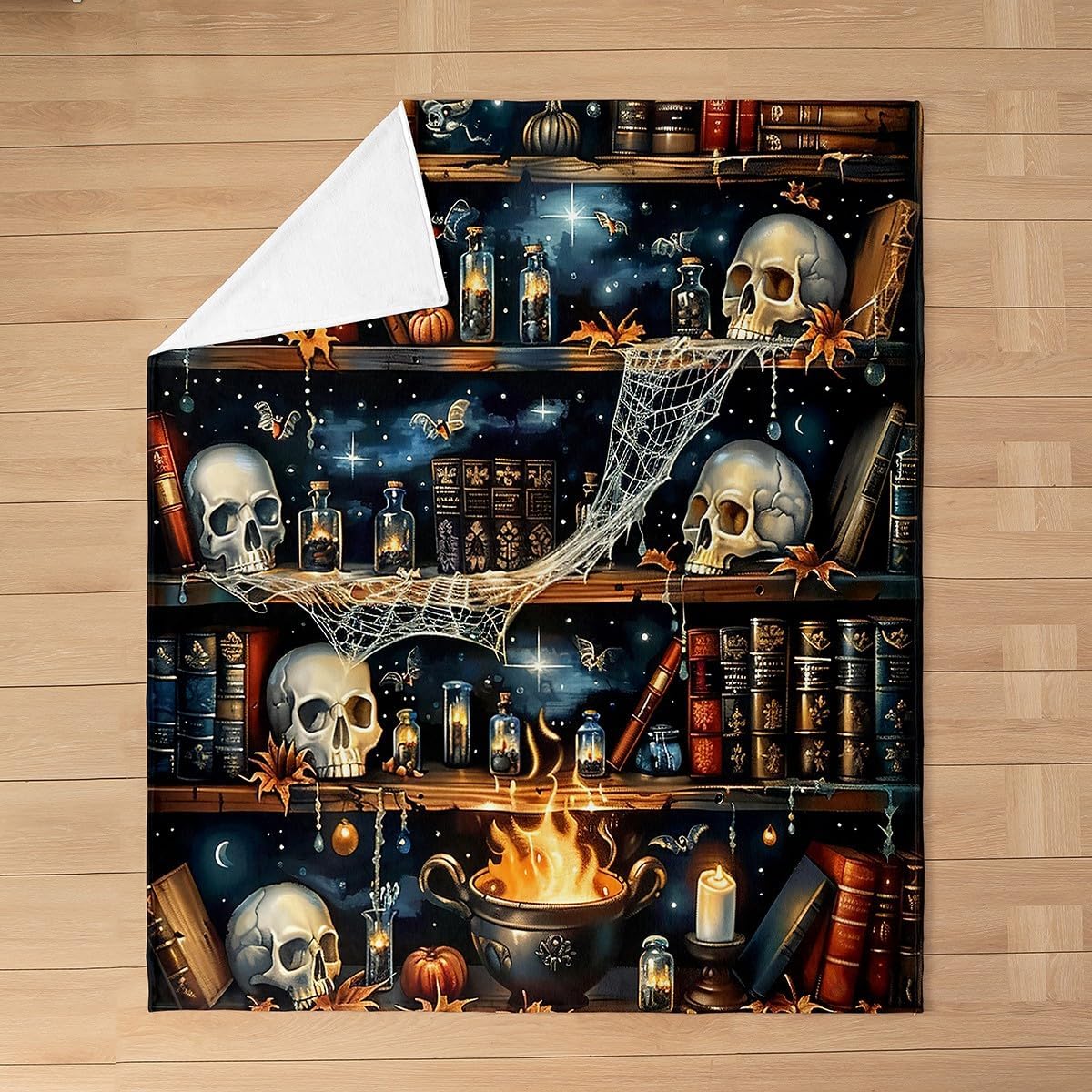 Gothic Halloween Kids Flannel Blanket,Skull Skeleton Spide Web Trippy Throw Blanket,Wooden Bookshelf Reading Books Cozy Throws for Bed Couch Sofa,Black Soft and Breathable,Twin Size (60 x 80 Inches)