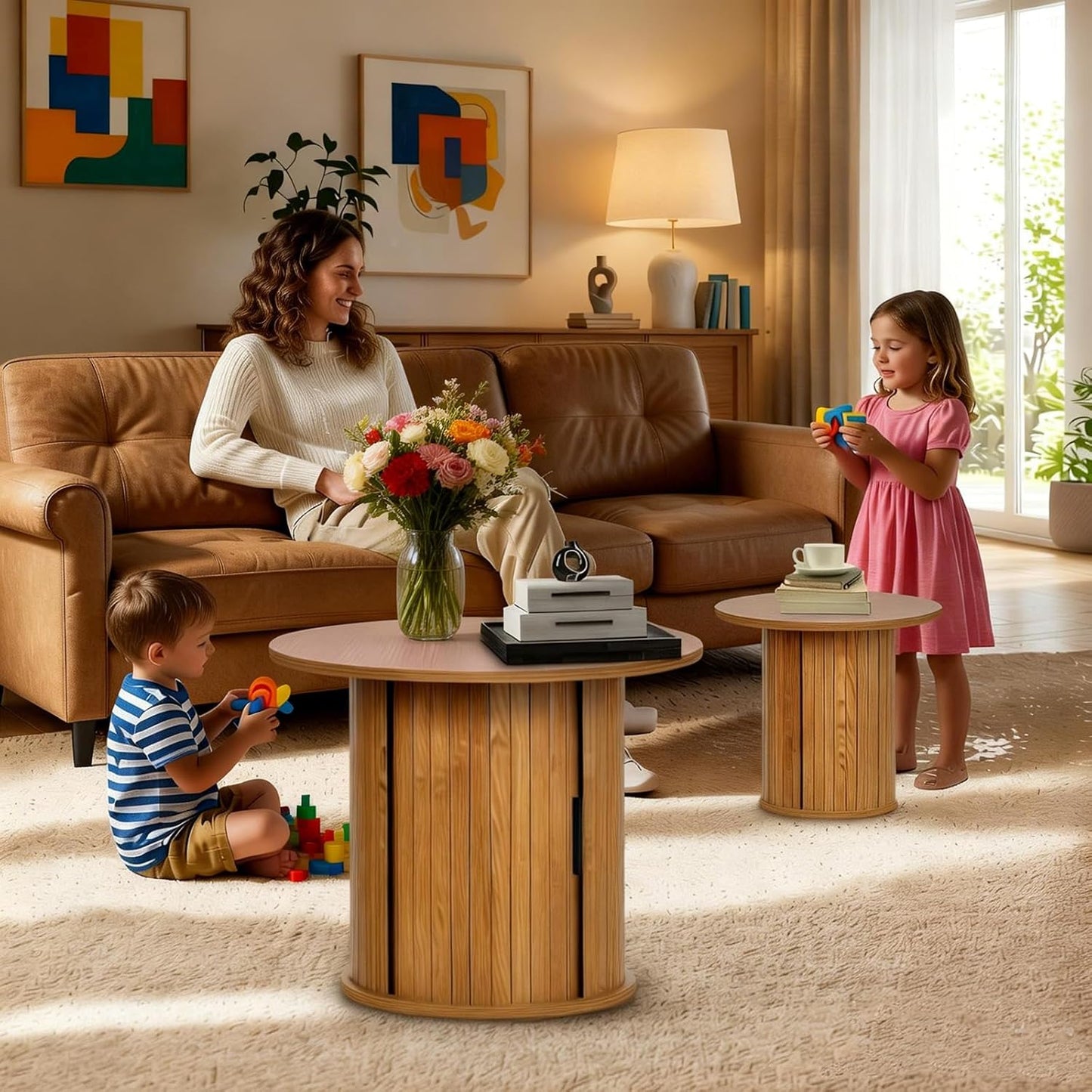 Modern Walnut End Table with Storage - Fluted Design Living Room Accent Table, Tall Bedside Nightstand & Sofa Side Table for Small Spaces, Dark Wood Finish (23.6" Wide, Natural)