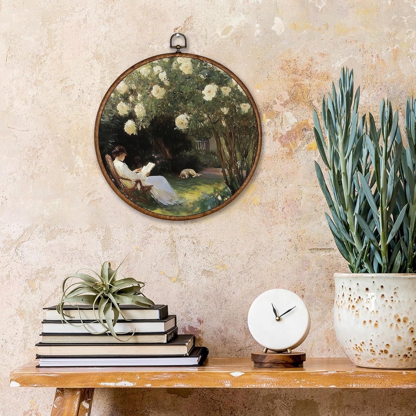 Voxitura Vintage Garden White Rose Wall Art Round Framed, Impressionist Floral Reading Wall Decor Canvas Hanging Living Room, Rustic Retro Prints Artwork Decorations for Bedroom Dorm 10x10in