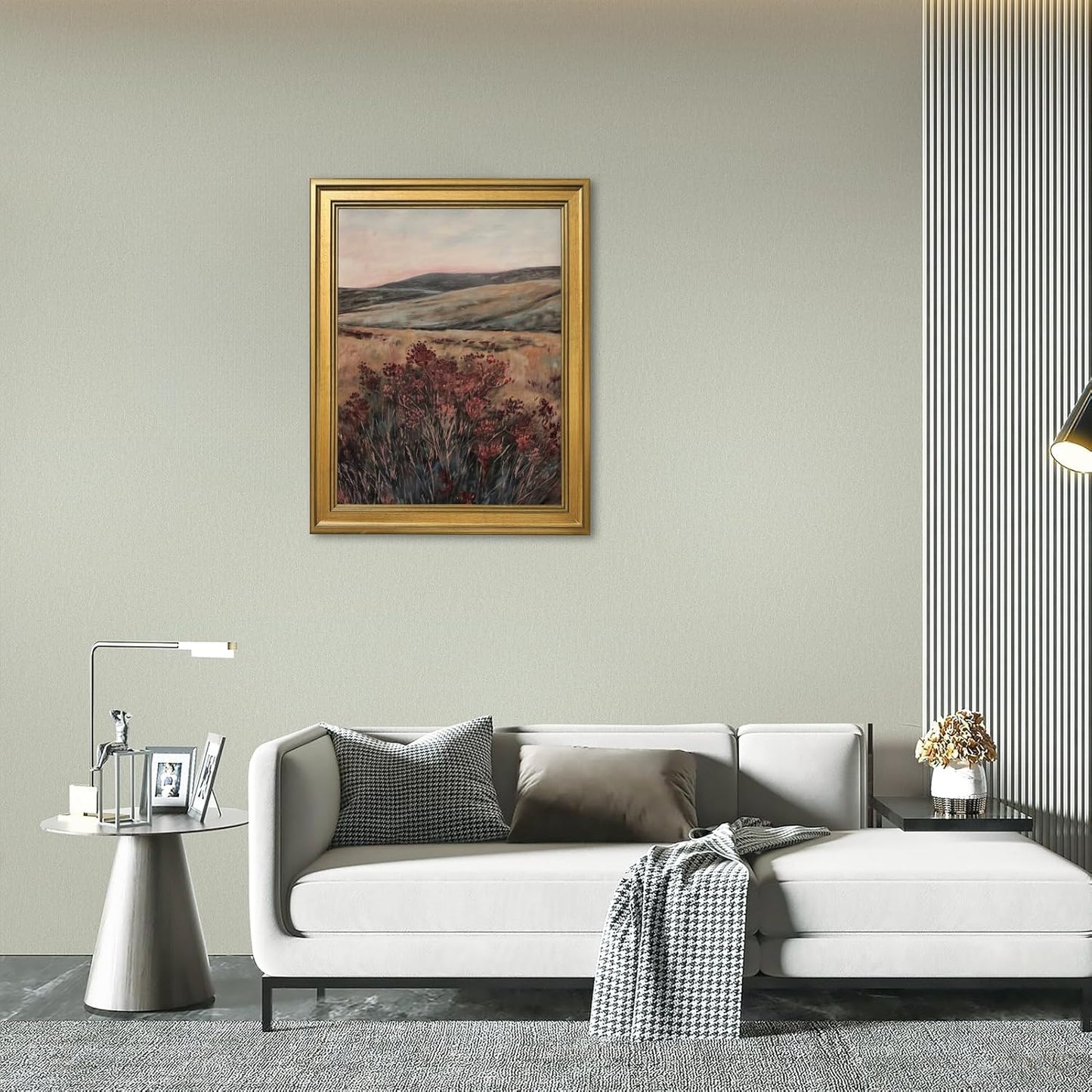 Gold Framed Landscape Canvas Wall Art Vintage Moody Dark Maroon Wildflower Oil Painting Poster Nature Botanical Flower Wilderness Picture Rustic Country Farmhouse Home Bedroom Decor 12x16inch