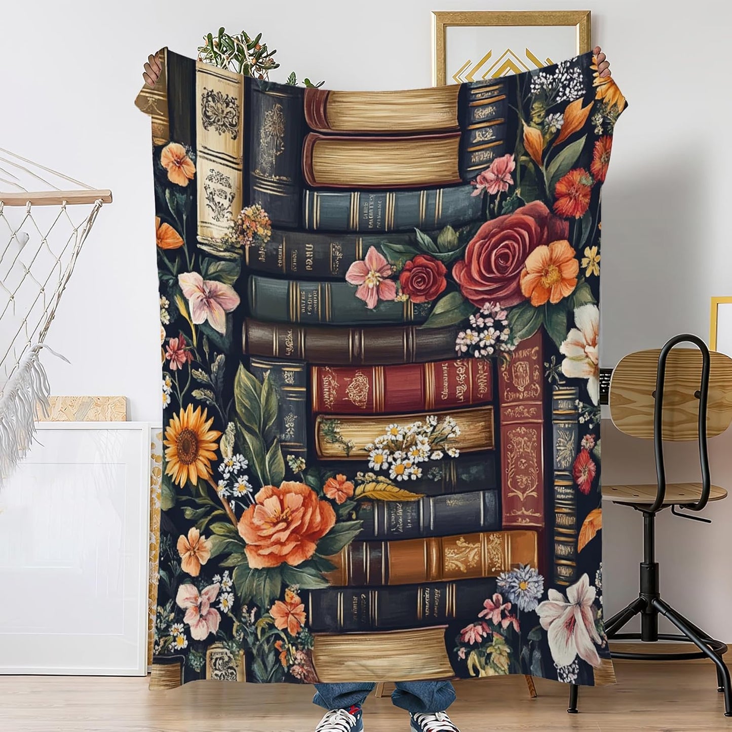 Vintage Books Fall Throw Blanket,Retro Flowers Cozy Plush Fluffy Blanket for Living Room Decor,Lightweight Fleece Throws for Couch,Bed,Traveling,Naps,Reading,50 X 60 Inch