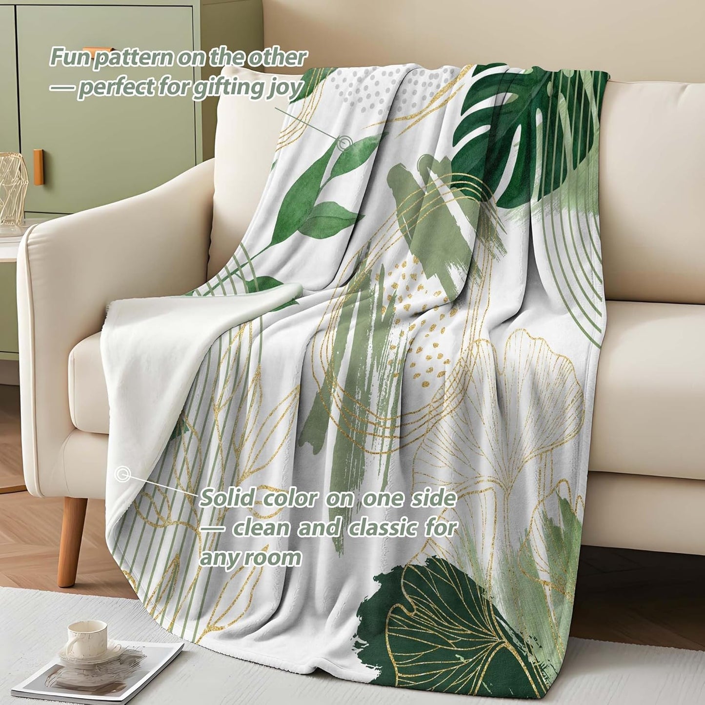 Sage Green Leaf Twin Blanket Mid-Century Green and Gold Boho Flannel Blankets for Bed Living Room Sofa, Decorative Patterned Super Soft Cozy, 60x80 in