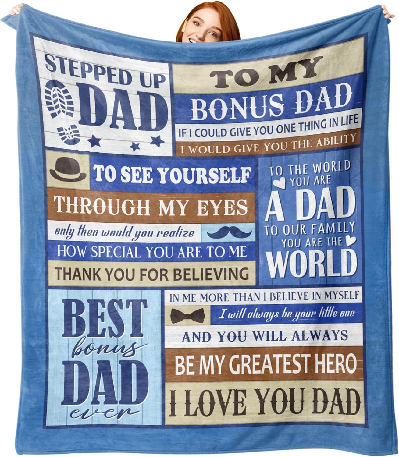 Bonus Dad Gift from Daughter Son Flannel Throw Blanket, for Stepped up Dad, Birthday Ideas for Men, Blue Soft Farmhouse Bedding Sofa Blankets Present 50 x 60 in