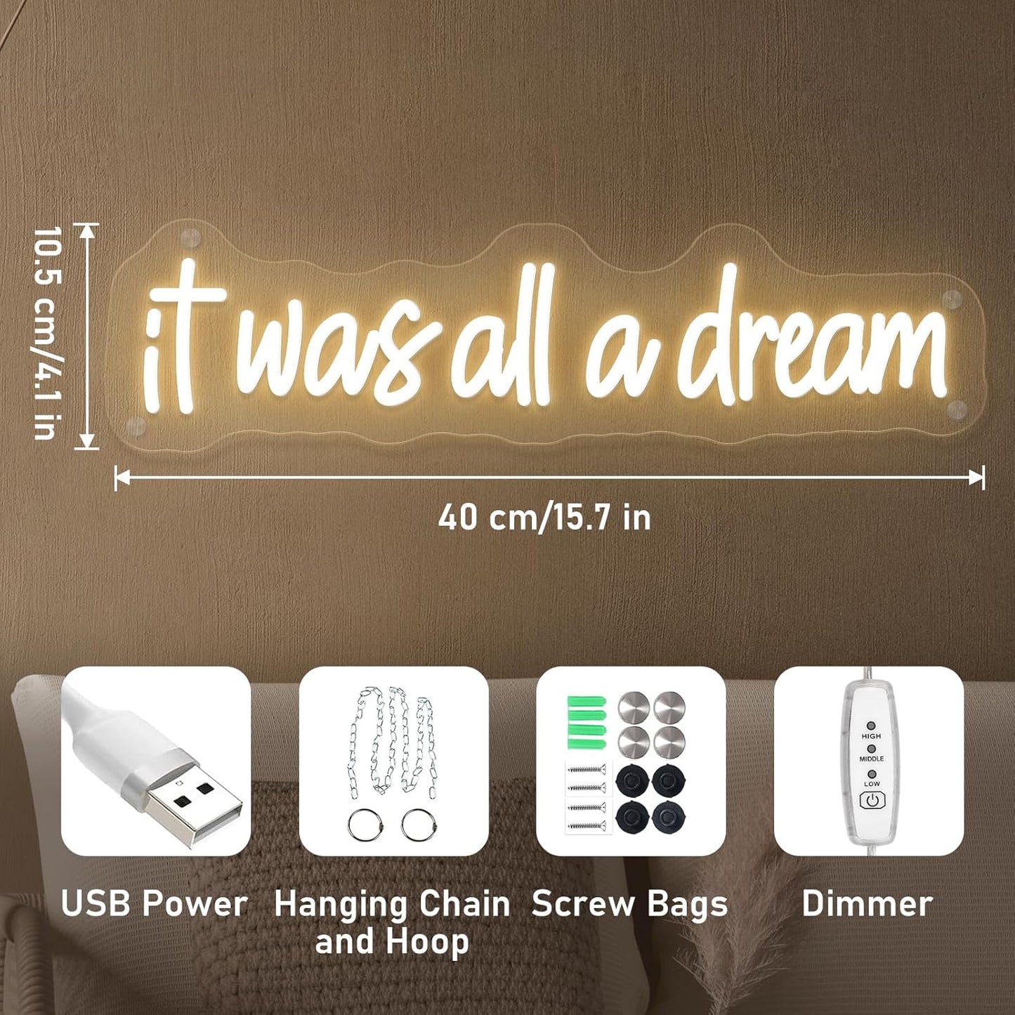 It Was All A Dream Neon Sign USB Powered Three Adjustable Brightness It Was All A Dram Neon LED Signs for Room Decor for Living Room Bedroom Wedding neon SIgn Chrisma Gifts Birthday Gifts
