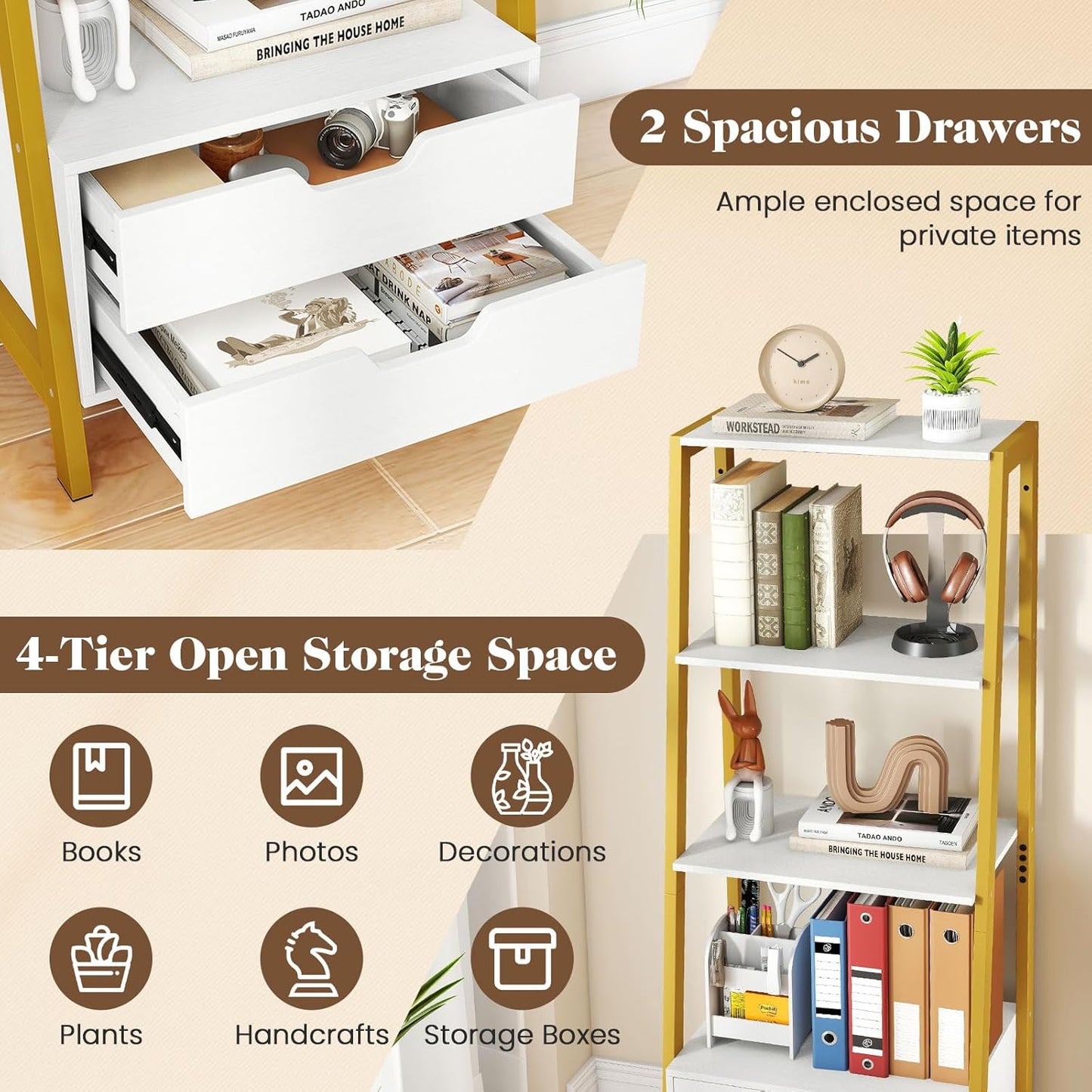 HOMGX 52.5” Tall Ladder Shelf, Industrial Freestanding Bookshelf with 2 Drawers, Heavy-Duty Metal Storage Shelving Unit for Living Room, Bedroom, Office, Study (White & Gold)