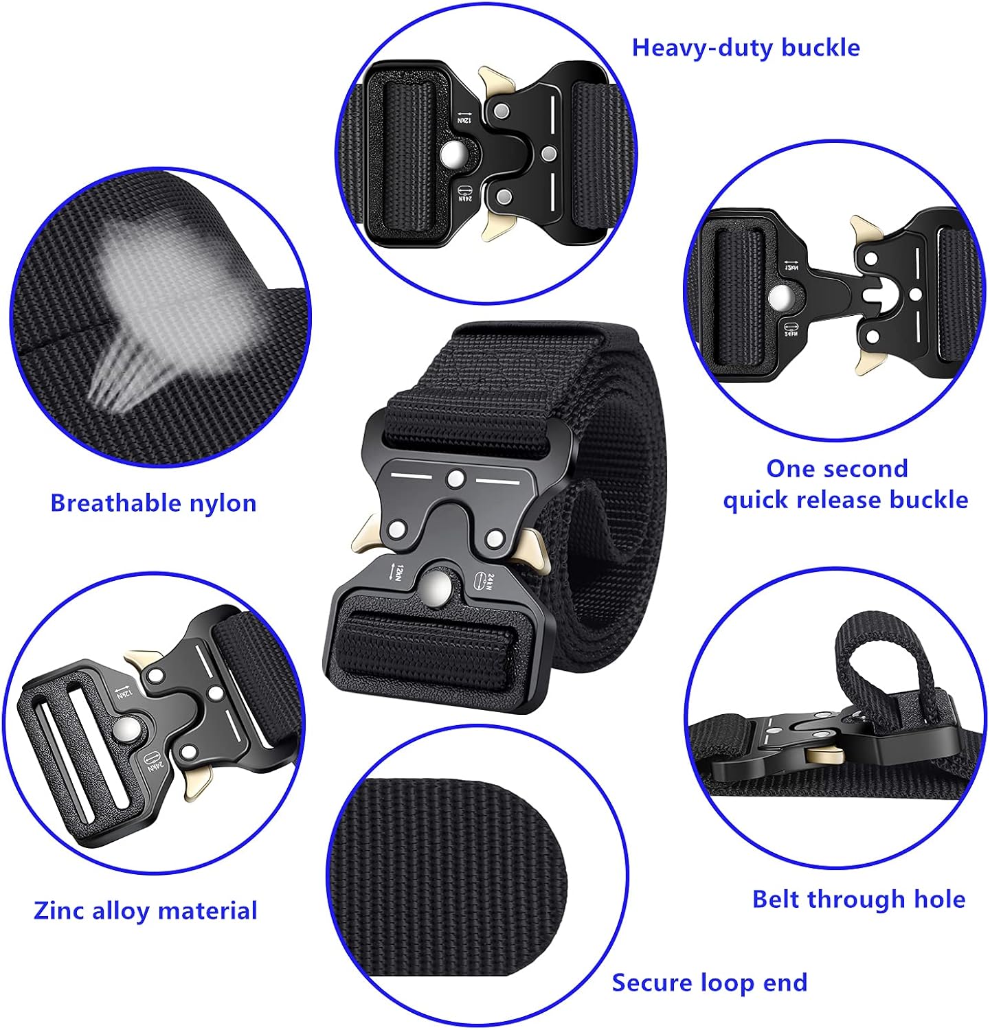 3-Pack Military Style Tactical Belts for Men, Quick-Release Metal Buckle with Molle Key Ring Holder