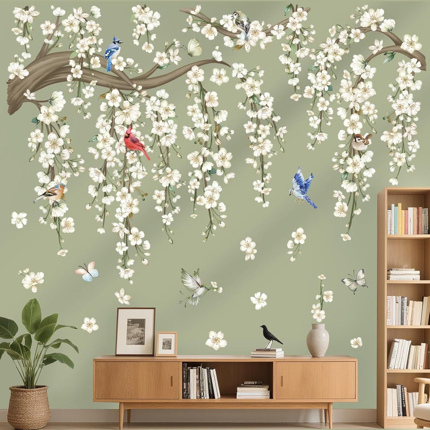 wondever Large Hanging Flower Vine Wall Stickers White Cherry Blossom Tree Branch Peel and Stick Wall Art Decals for Living Room Bedroom Sofa Background