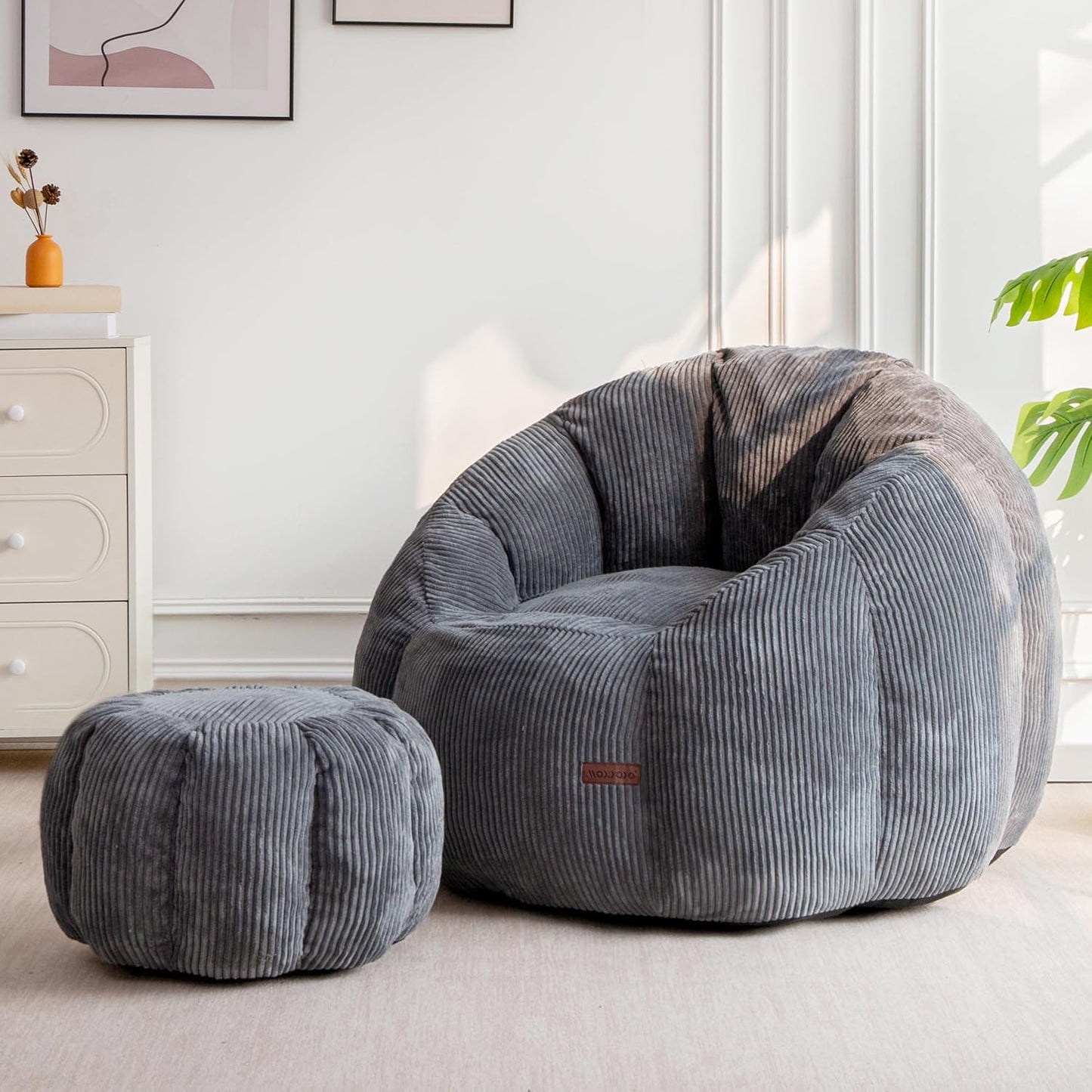 MAXYOYO Giant Bean Bag Chair with Ottoman, Pumpkin-Shaped Bean Bag Sofa with Footstool, Oversized Boneless Couch Chair in a Box, Comfy and Lazy Lounge for Dorm, Living Room, Bedroom, Dark Grey
