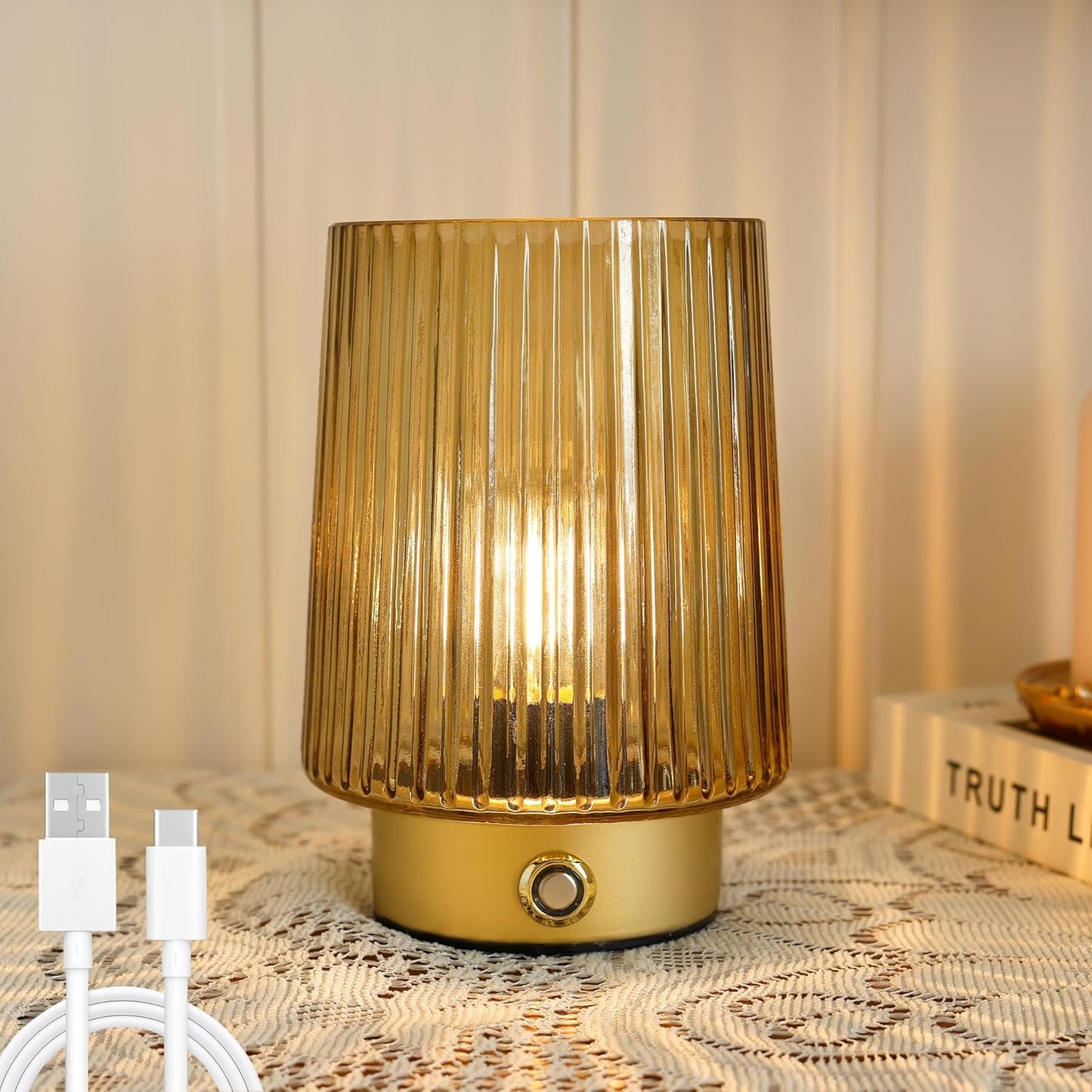 Cordless Lamp Rechargeable Battery Operated lamp, Glass Small Table lamp - Portable Dimmable Brightness Touch Wireless Bedside Lamp for Bedroom/Kitchen/Entryway/Home Living Room Decor, Yellow