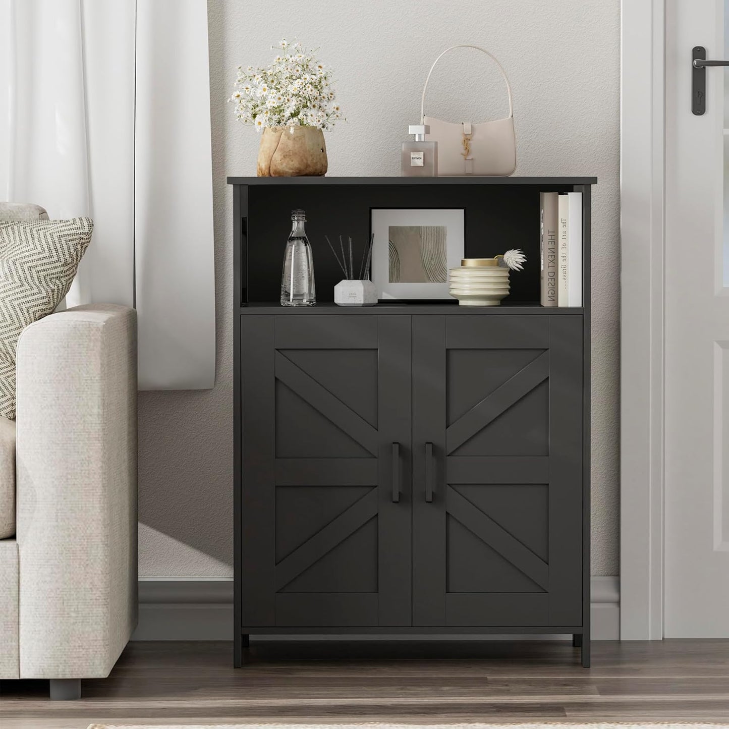 Homhedy Farmhouse Bathroom Storage Cabinet with 2 Doors, Toilet Paper Cabinet with Adjustable Shelves, Small Bathroom Cabinet for Kitchen/Laundry/Living Room, 11.8 x 23.6 x 31.5 Inches, Black