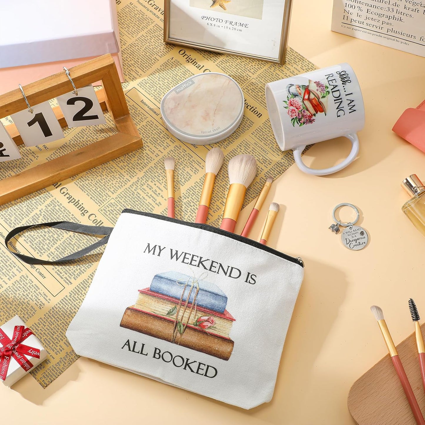 Inbagi 3 Pcs Book Lover Gifts for Women Cosmetic Bag Coffee Mug with Keychain for Reading Lovers Book Club Literary Librarian Friend Christmas Birthday Gifts