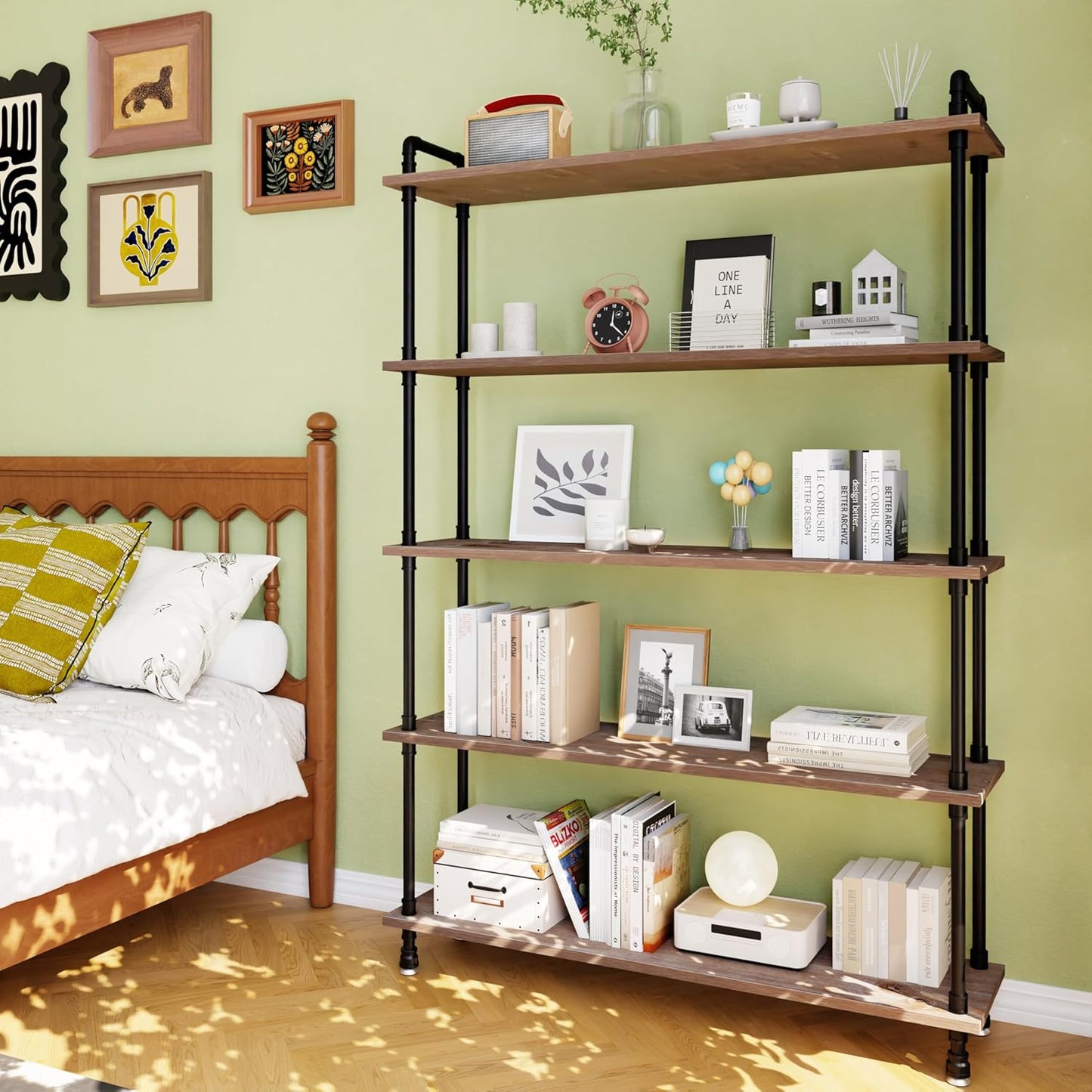 Industrial Bookshelf, 5-Tier Pipe Shelf, Wall Mounted Bookcase for Home and Office (Weathered Brown, 48" L x 11.8" W x 70" H)