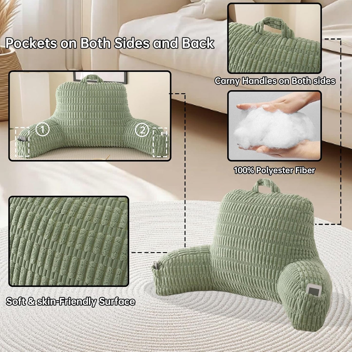 Reading Pillow for Bed,Large Backrest Reading Pillow with Arm Rest,Back Rest Support Cushion for Sit Up on Couch,Sofa,and Floor(Green Corduroy,Standard(17"))
