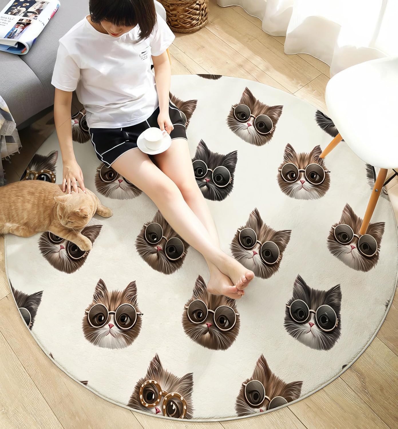 Round Area Rug, 2Ft Washable Non-Slip Beige Fun Sunglasses Cats Circle Rug, Soft Low-Pile Animal Theme Indoor Small Circular Carpet for Bedroom Entryway Dining Living Room
