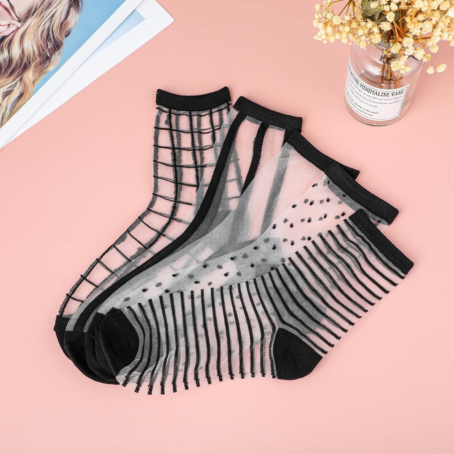 Lusofie 5 Pairs Sheer Black See-Through Socks - Checkered Dot Striped Plaid Ankle Summer Socks for Women - Thin Fashion
