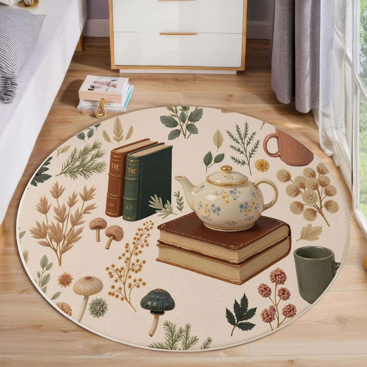 Modern Round Area Rug for Living Room, 5.25Ft Washable Round Rug Cream Color Vintage Teapot Books Circle Rugs for Dining Room Table, Country-Style Illustration Small Circular Floor Carpet for Bedroom