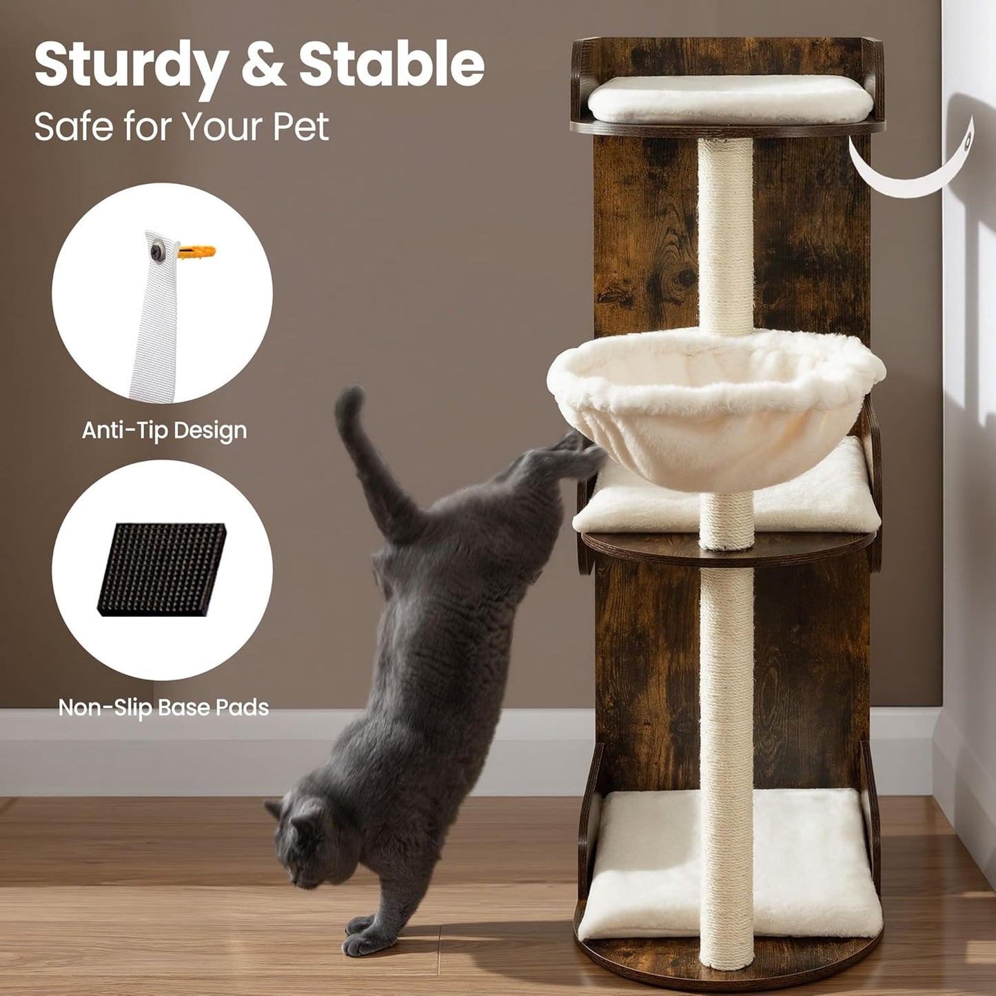 Modern Wood Cat Tree Tower for Indoor Large Cats, Cat Scratching Posts with Big Perch Bed, 44.8" Tall Multi-Level Wooden Cat Condo with Hammock, Removable Pads, Kitty Furniture, Rustic Brown