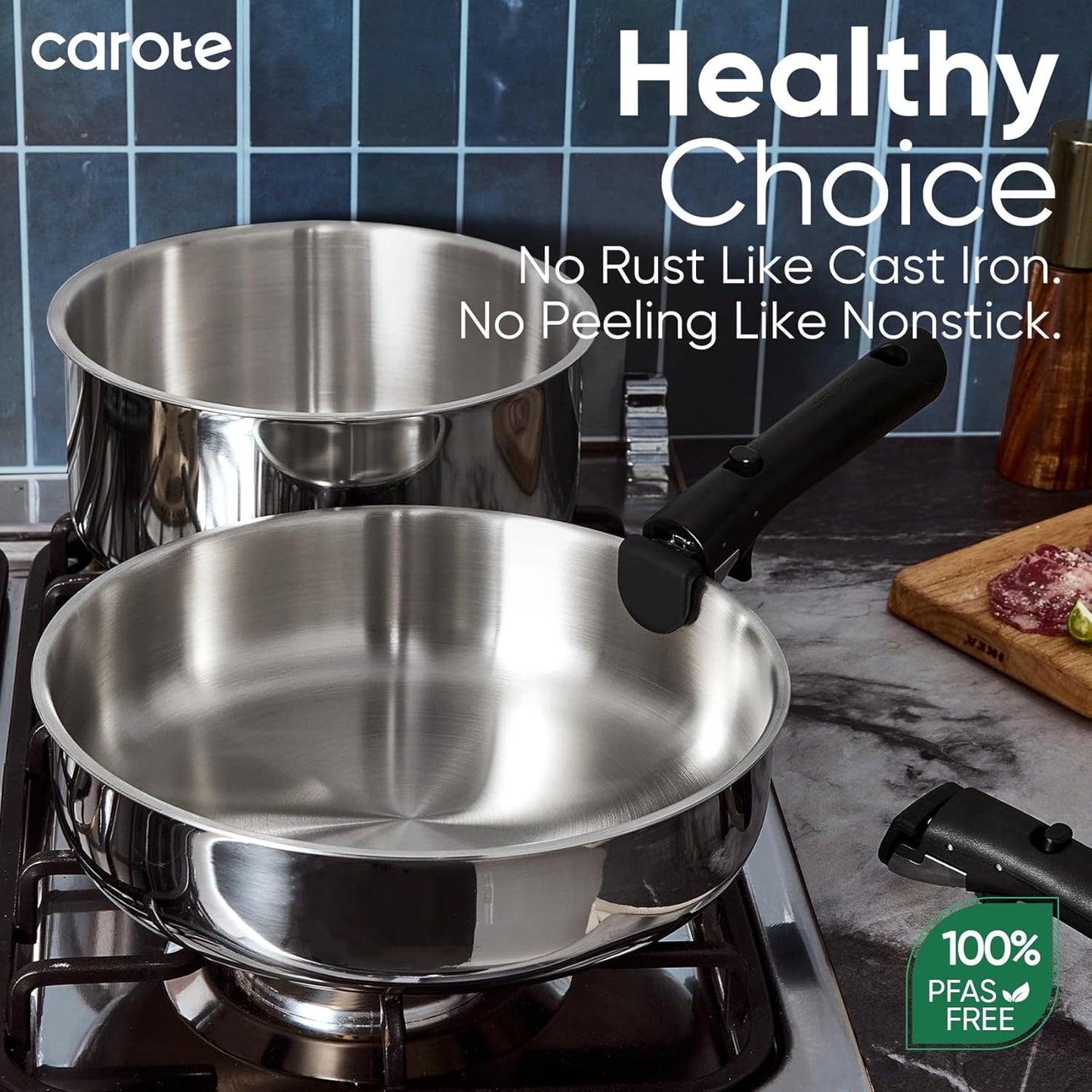 CAROTE 18pcs Stainless Steel Cookware Set with Detachable Handle, Nonstick Pots and Pans Set, Induction Kitchen Cookware Sets with Removable Handle, RV Cookware Set, Oven Safe, Camping Cookware, Black