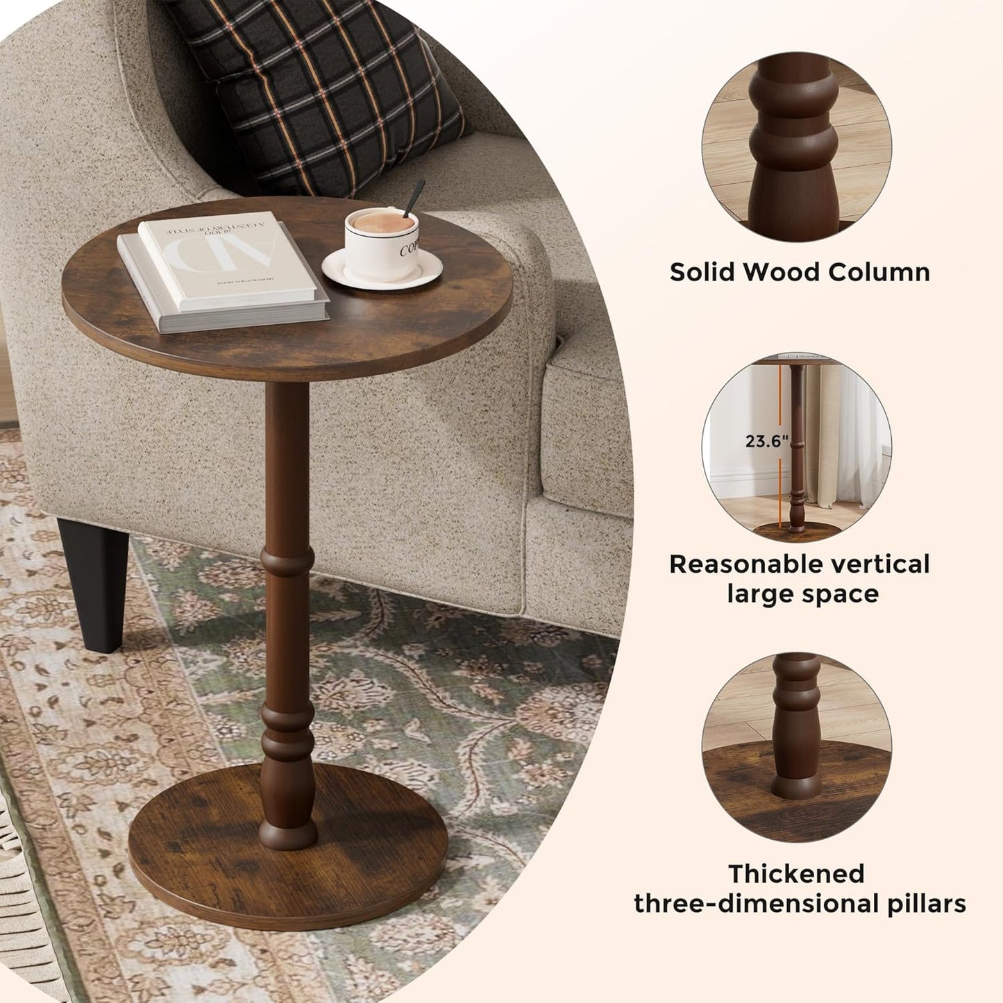 16" Round Side Tables, Solid Wood Pillar with Wood Top & Base, Small Drink Accent Table for Living Room, Bedroom, Sofa & Office, Easy Assembly, Rustic Brown