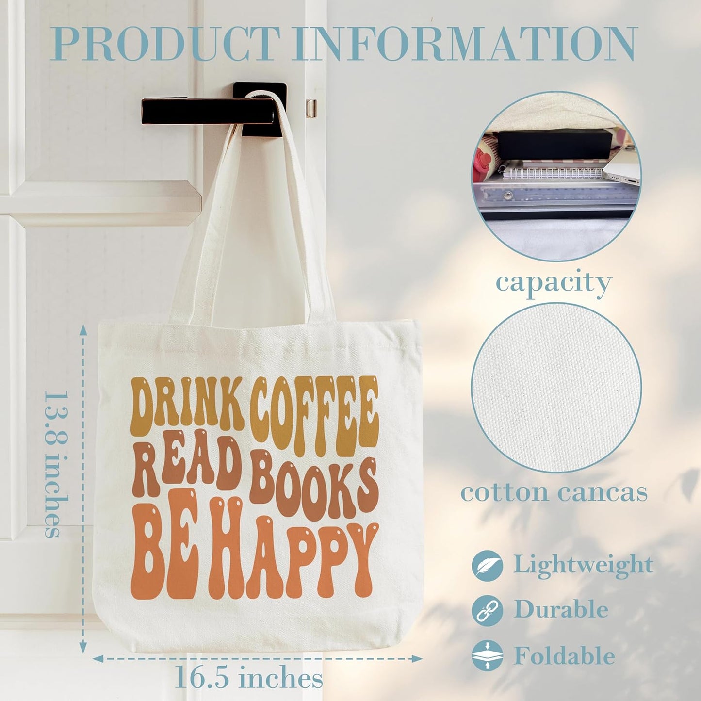 Canvas Tote Bag, Drink Coffee Read Books Totes For Book Lovers, Library Tote Bag, Reusable Grocery Shopping Bag, Library Shoulder Bag For Women Friend Coffee Lover Bookworm A(06)