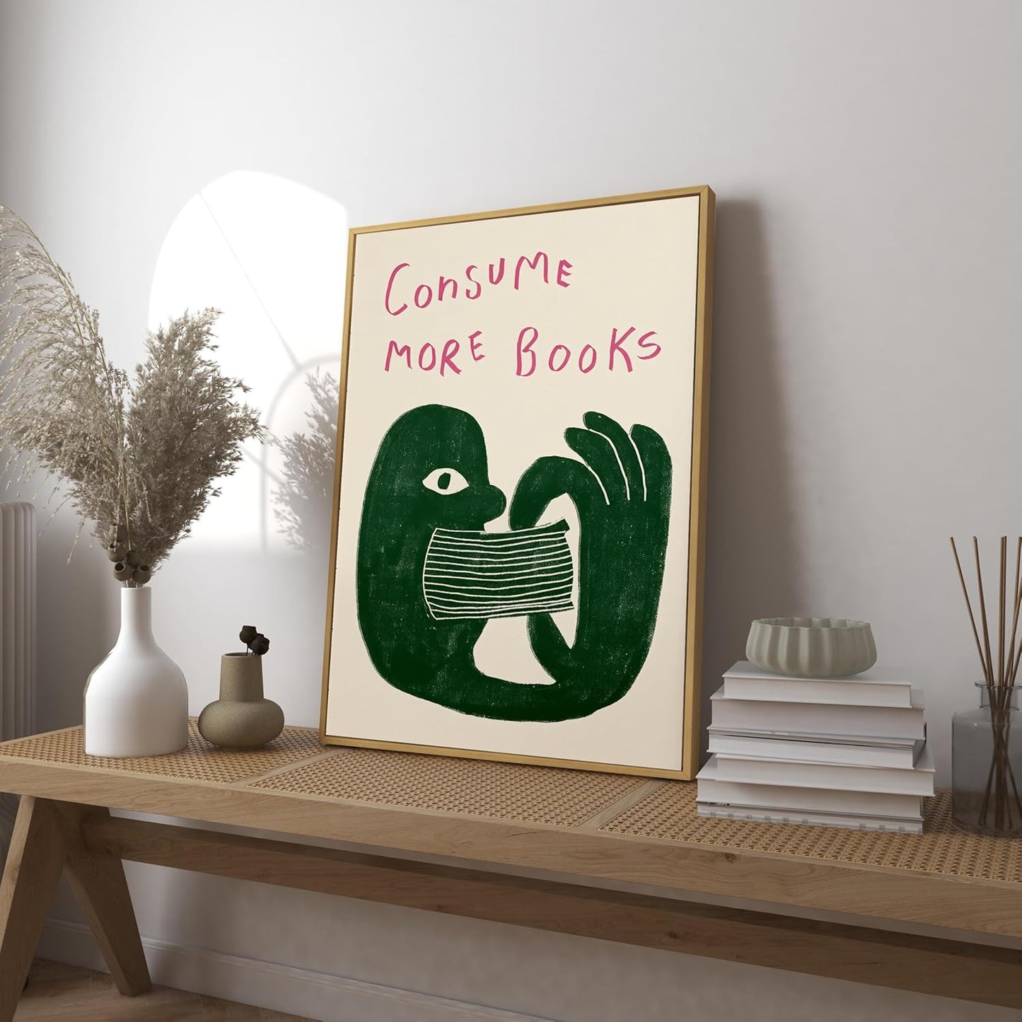 Funny Reading Wall Art Prints Bookish Wall Decor, Consume More Books Quote Canvas Print, Retro Book Art Cool Literature Dorm Room Classroom Library Living Room Home Decor 16x24 Inch Unframed