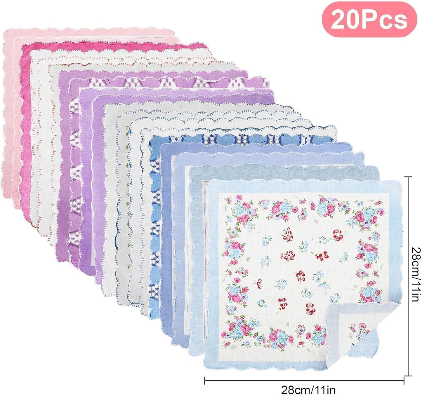 EEEKit Women Cotton Handkerchiefs, 20PCS Vintage Floral Print Handkies with Wavy Edge for Wedding Party Gifts, 11X11 in