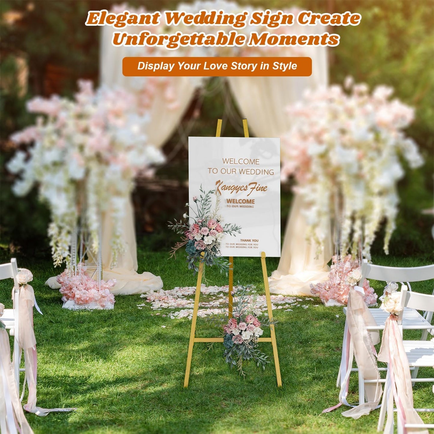 Large Easels for Display, Gold Decorative Metal Poster Easel Stand for Sign Wedding Welcome Sign Floor Stand with Adjustable Chain Support for Art, Picture Frame, Mirror (50" H)