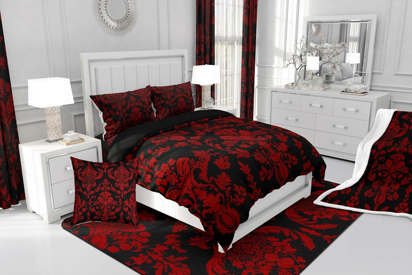 Feelyou Red Black Vintage Damask Sherpa Blanket - Oriental Antique Fleece Throw for Boys & Girls - Gothic Bohemia Floral Plush Luxury Flower Fuzzy Blanket for Sofa, Bed, Couch - 50"x60"