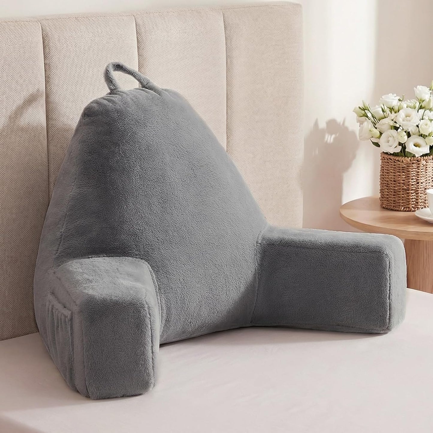 Quilmfoam Reading Pillow for Sitting in Bed Adult – Backrest Pillow with Arms, Back Support Cushion for Reading, TV, Gaming & Working, Includes Pockets and Removable Washable Cover