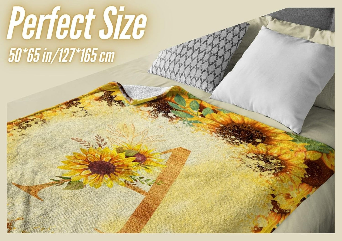 InnoBeta Sunflower Initial Birthday Gifts for Women, Gift Ideas for Her, for Mom, Grandma, Aunt- 300gsm Flannel Blanket- 50"x 65"-S