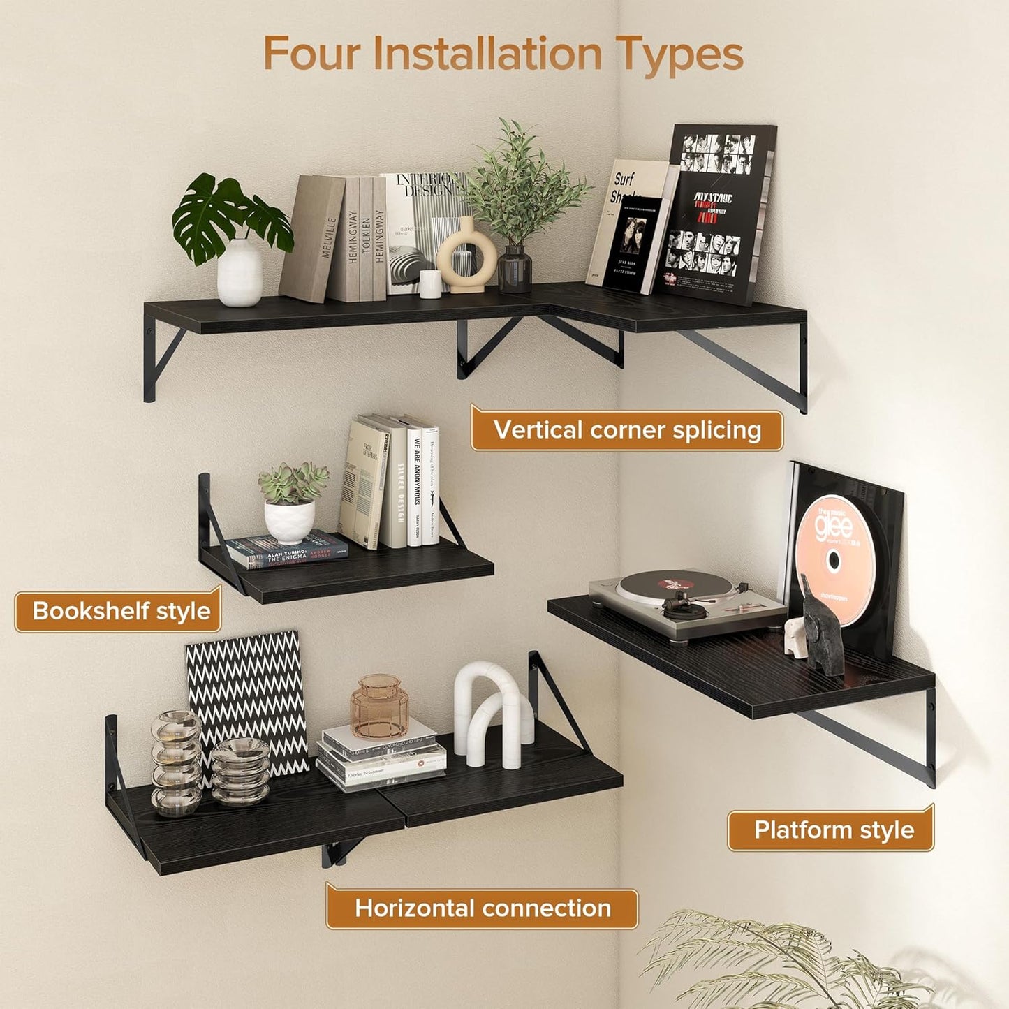 Deep Floating Shelves Wall Mounted, 16"x12" Black Wall Shelves with Brackets Set of 2 for Bedroom, Living Room, Bathroom, Kitchen, Office - Storage & Display Shelf for Decor, Books, Plants