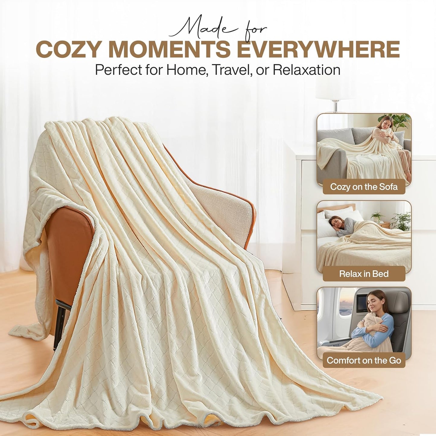 Soft Fleece Throw Blanket – Cozy Lightweight Blanket for Bed, Sofa & Travel 39x59in Warm Plush Decorative Cream Throw for Home and Livingroom