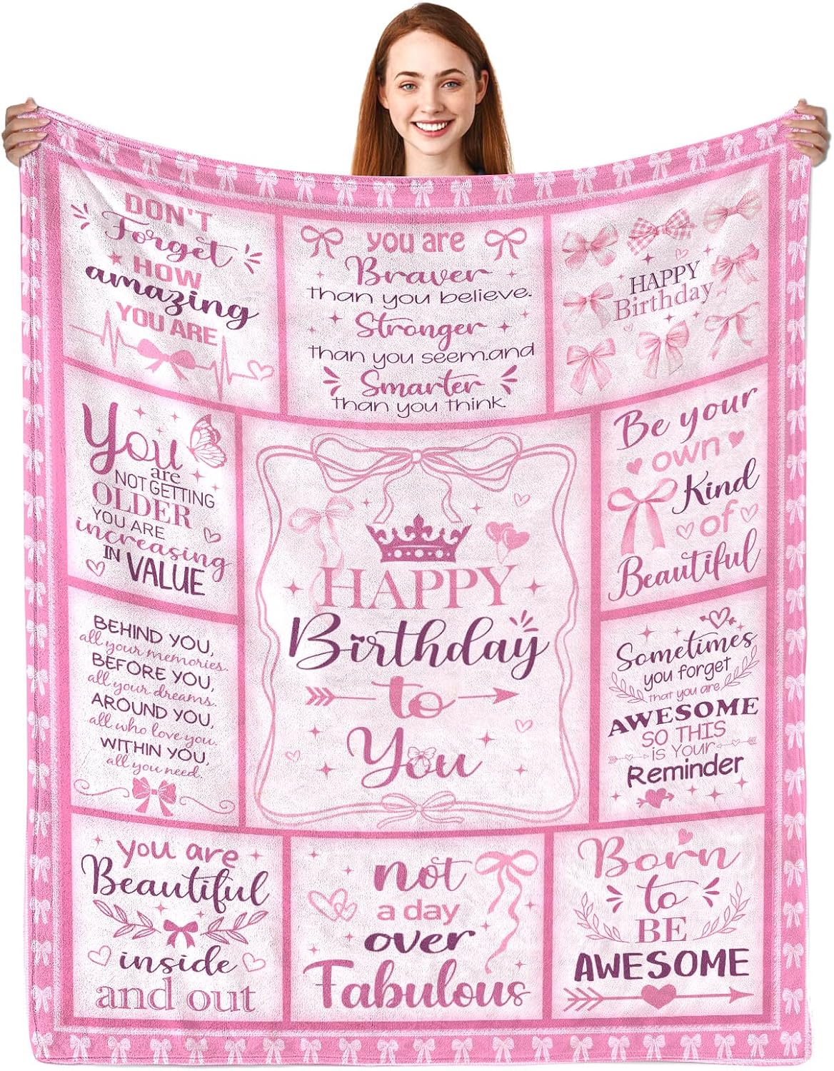 Pink Bow Birthday Gifts for Women Girls Throw Blanket 50"x60", Happy Birthday Decorations for Womens Pink, Gifts for Women Bday Unique, Womens Birth Day Gift Ideas for Her Teen Girl Sister Friend