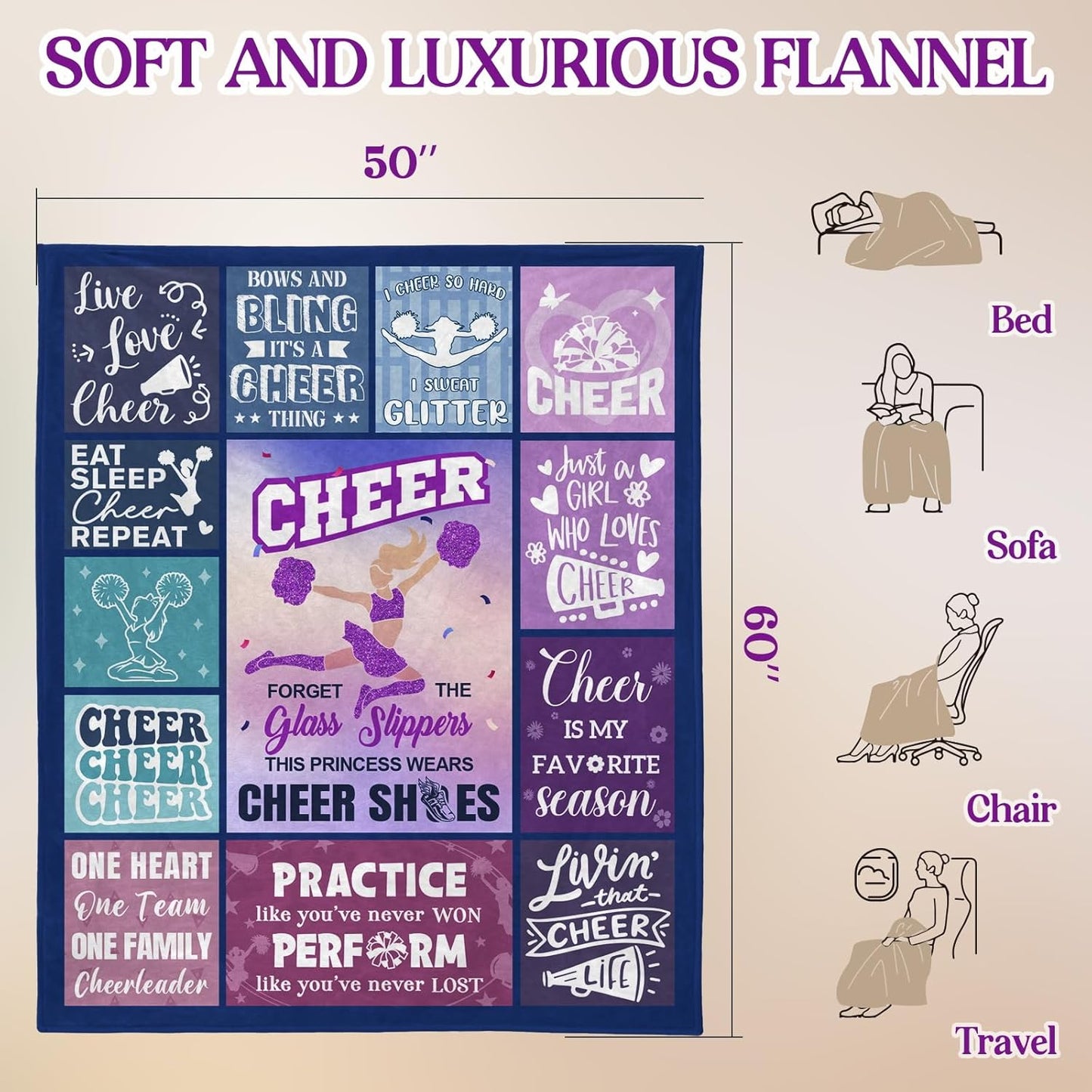 Cheerleader Gifts, Blue Purple Throw Blanket 50x60 inches– Inspirational Quotes Grid Design – Soft Cozy Fleece for Watching TV, Office, Napping – Cheerleader Gifts for Girls